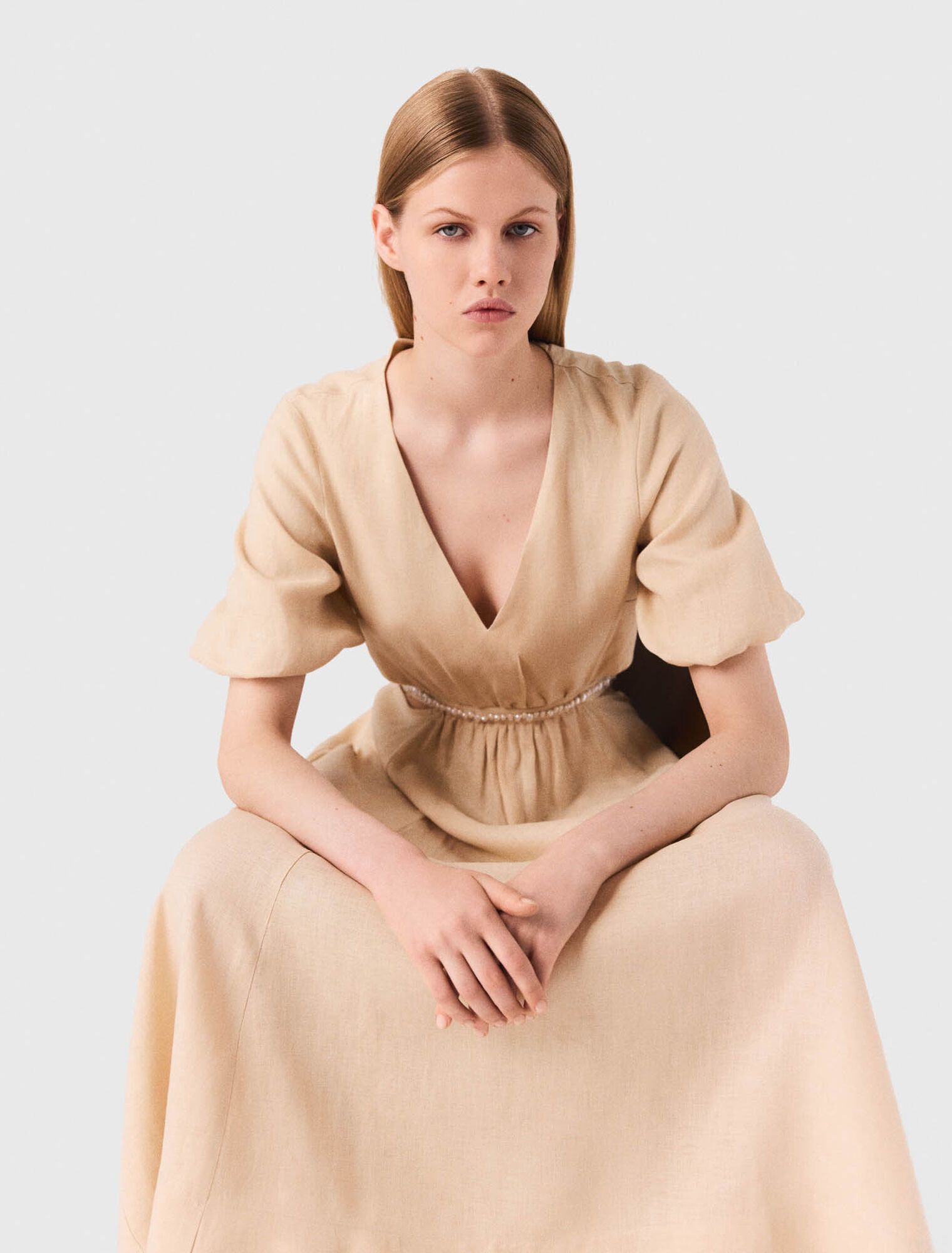 Maje - Đầm dài linen tay bồng cut-out lưng