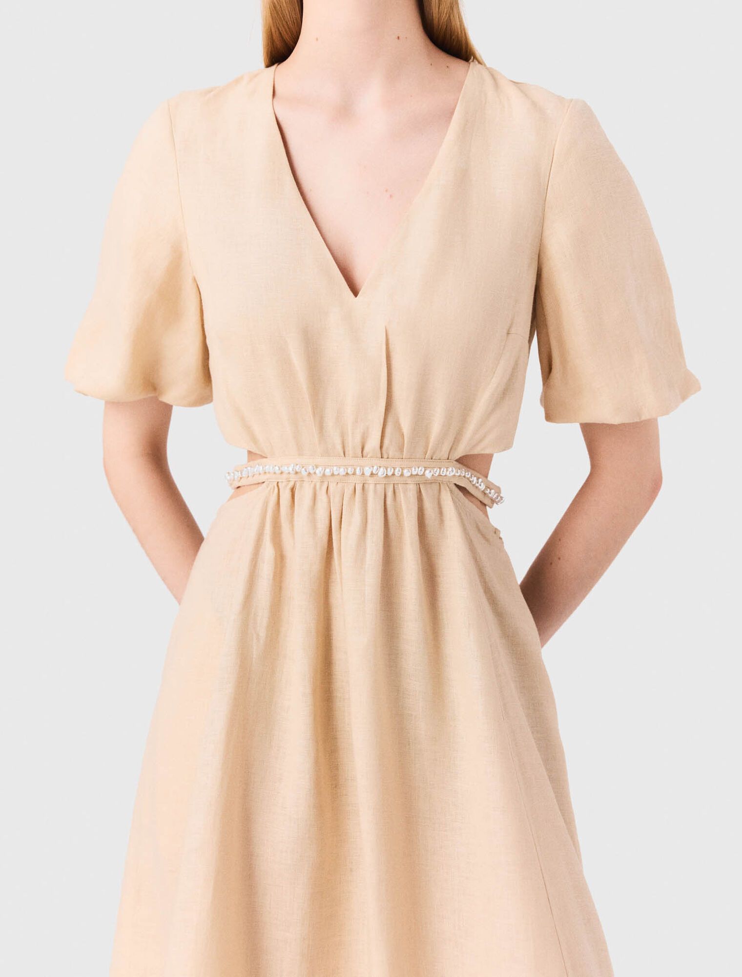 Maje - Đầm dài linen tay bồng cut-out lưng
