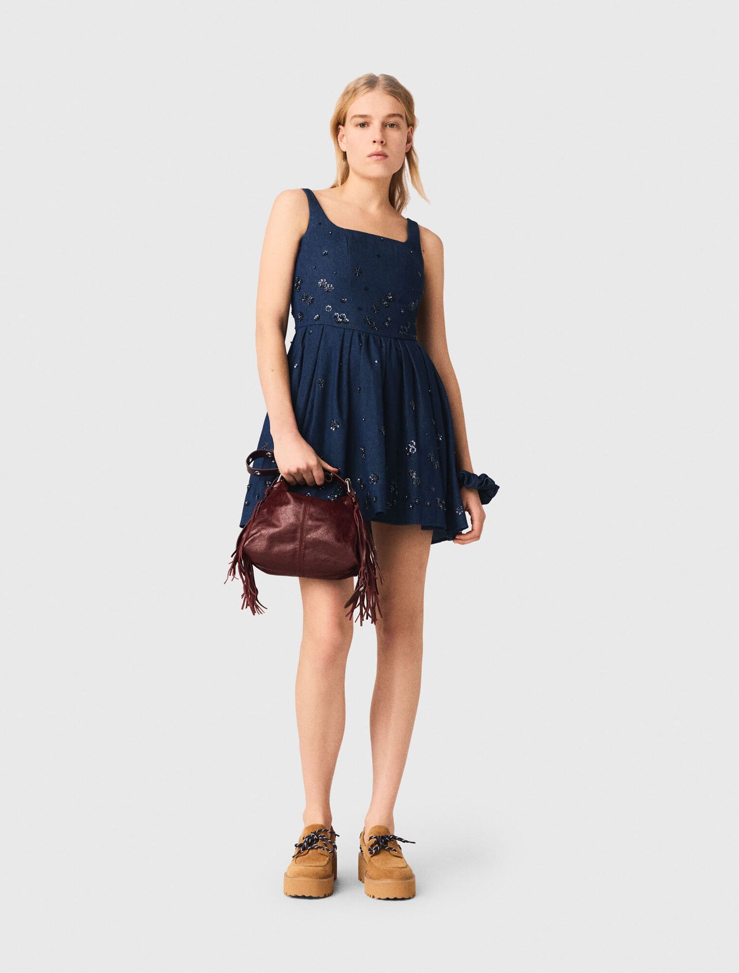 Maje - Váy denim xòe có hoạ tiết thêu