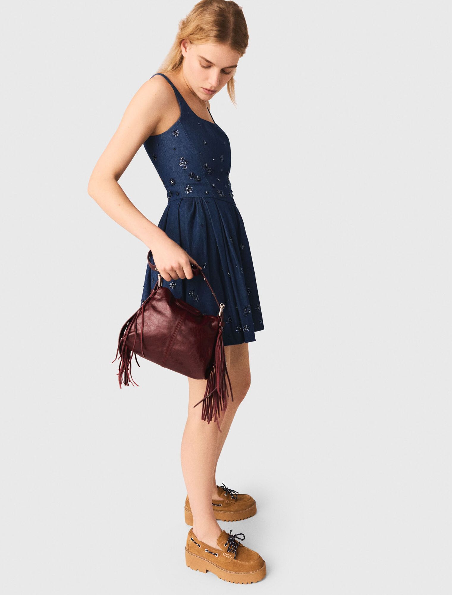 Maje - Váy denim xòe có hoạ tiết thêu