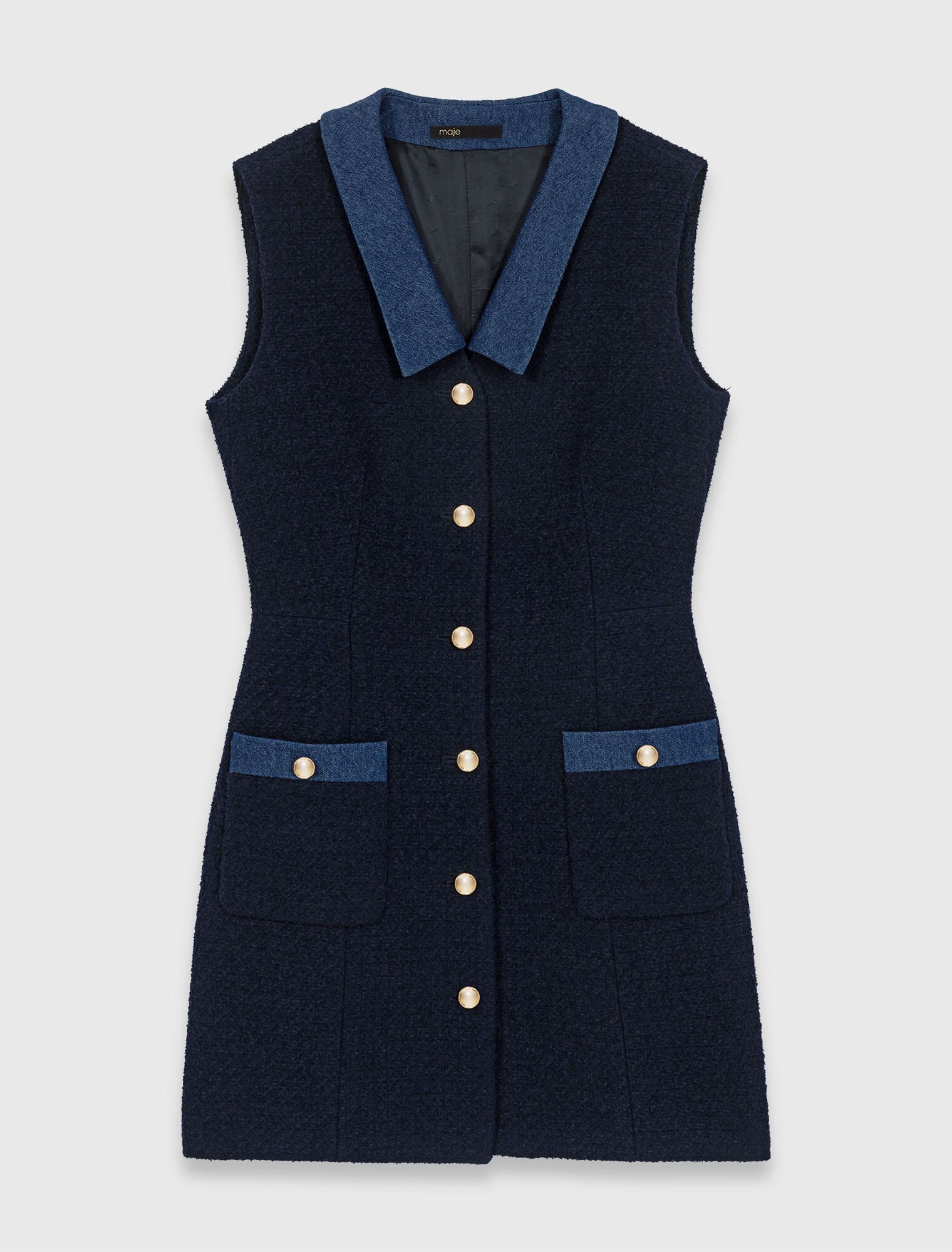 Đầm vải tweed phối chi tiết denim