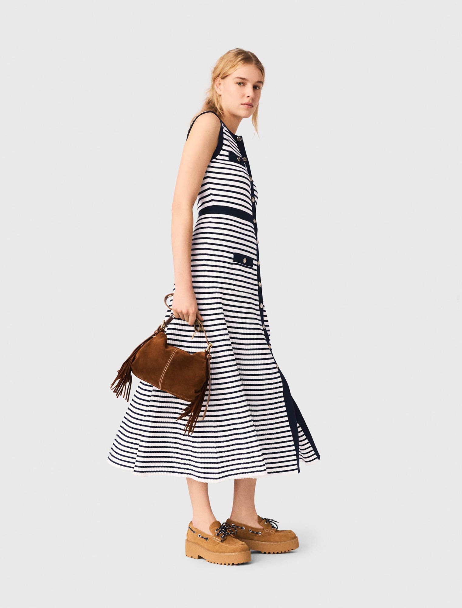 Maje - Đầm maxi dệt kim kẻ sọc Breton