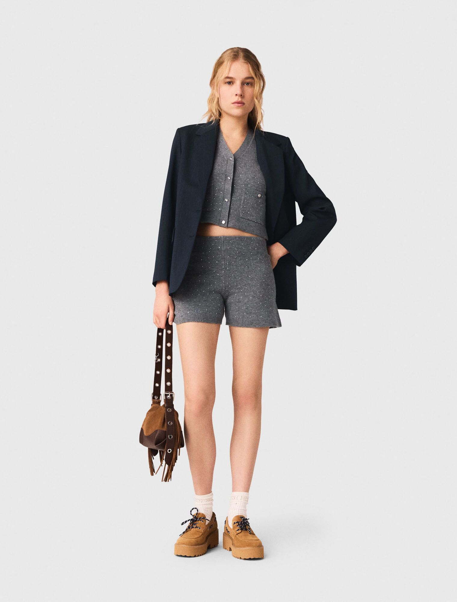 Maje - Quần short dệt kim đính đá