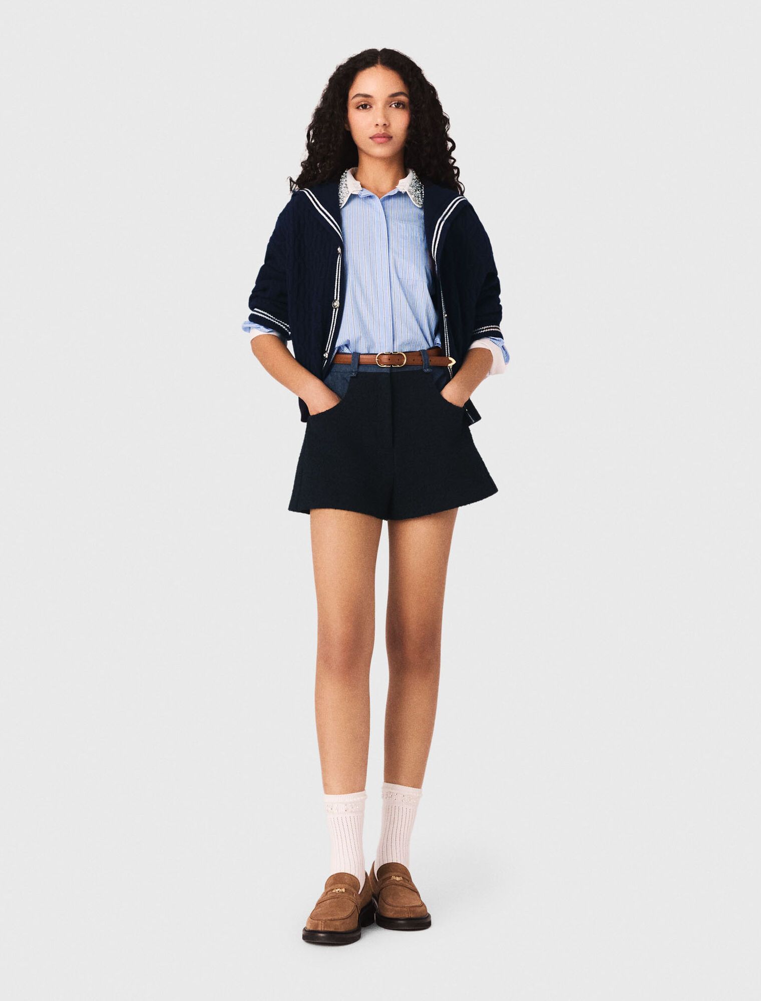 Maje - Quần short vải tweed chi tiết denim