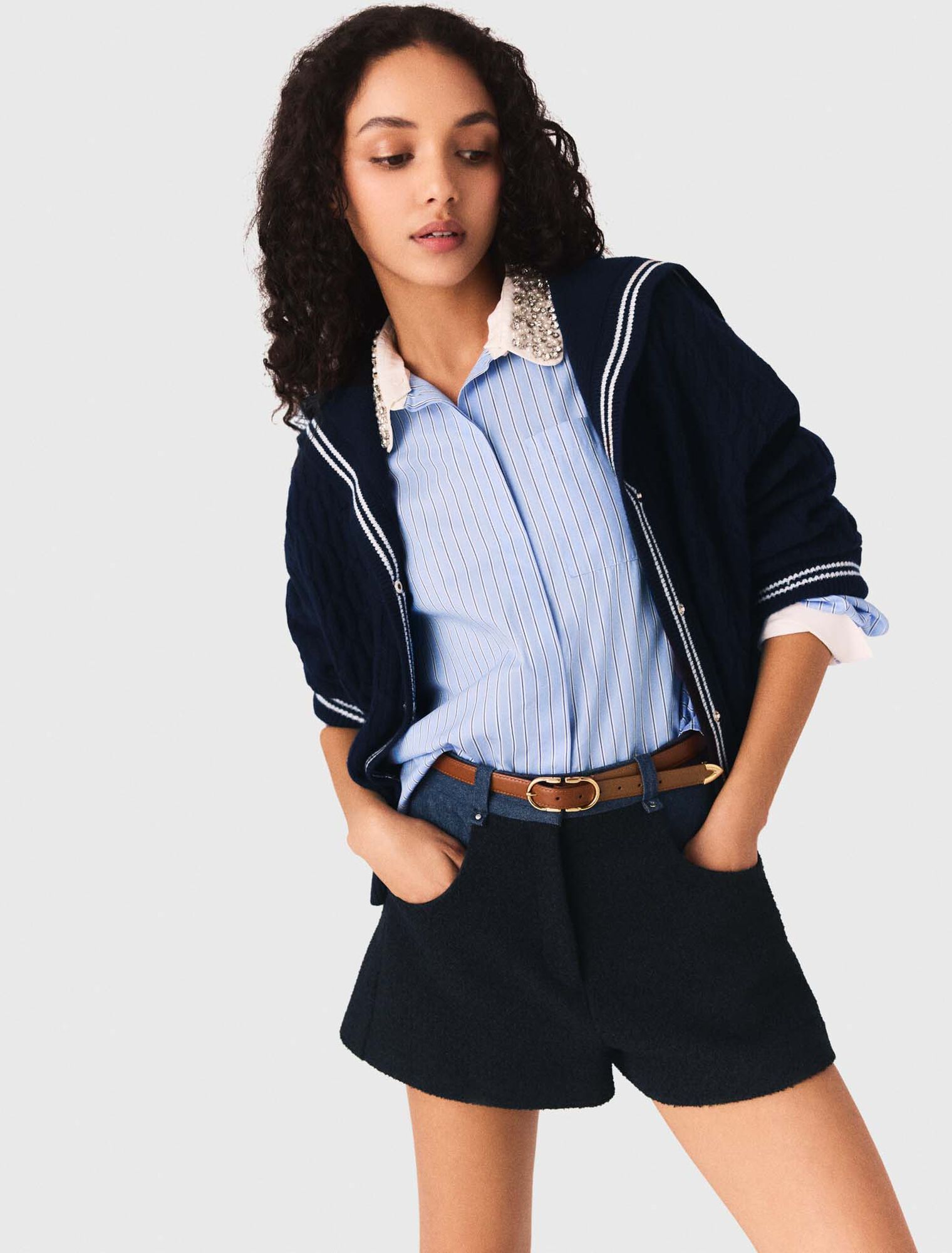 Maje - Quần short vải tweed chi tiết denim
