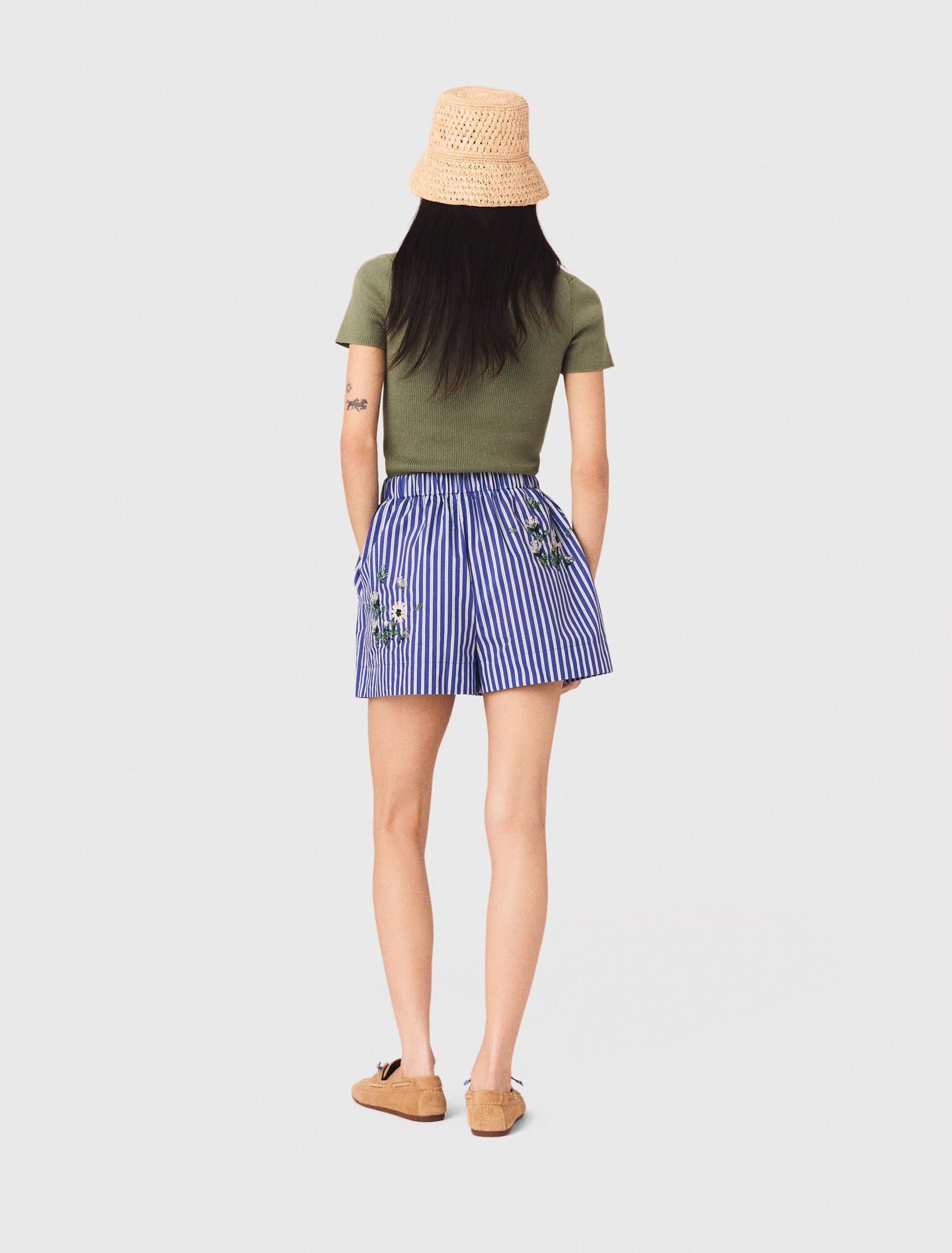 Maje - Quần short cotton kẻ sọc thêu hoa