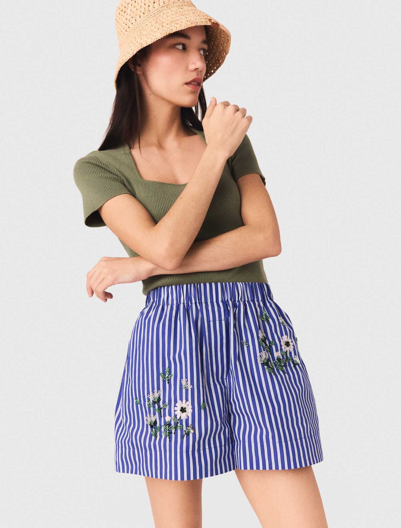 Maje - Quần short cotton kẻ sọc thêu hoa