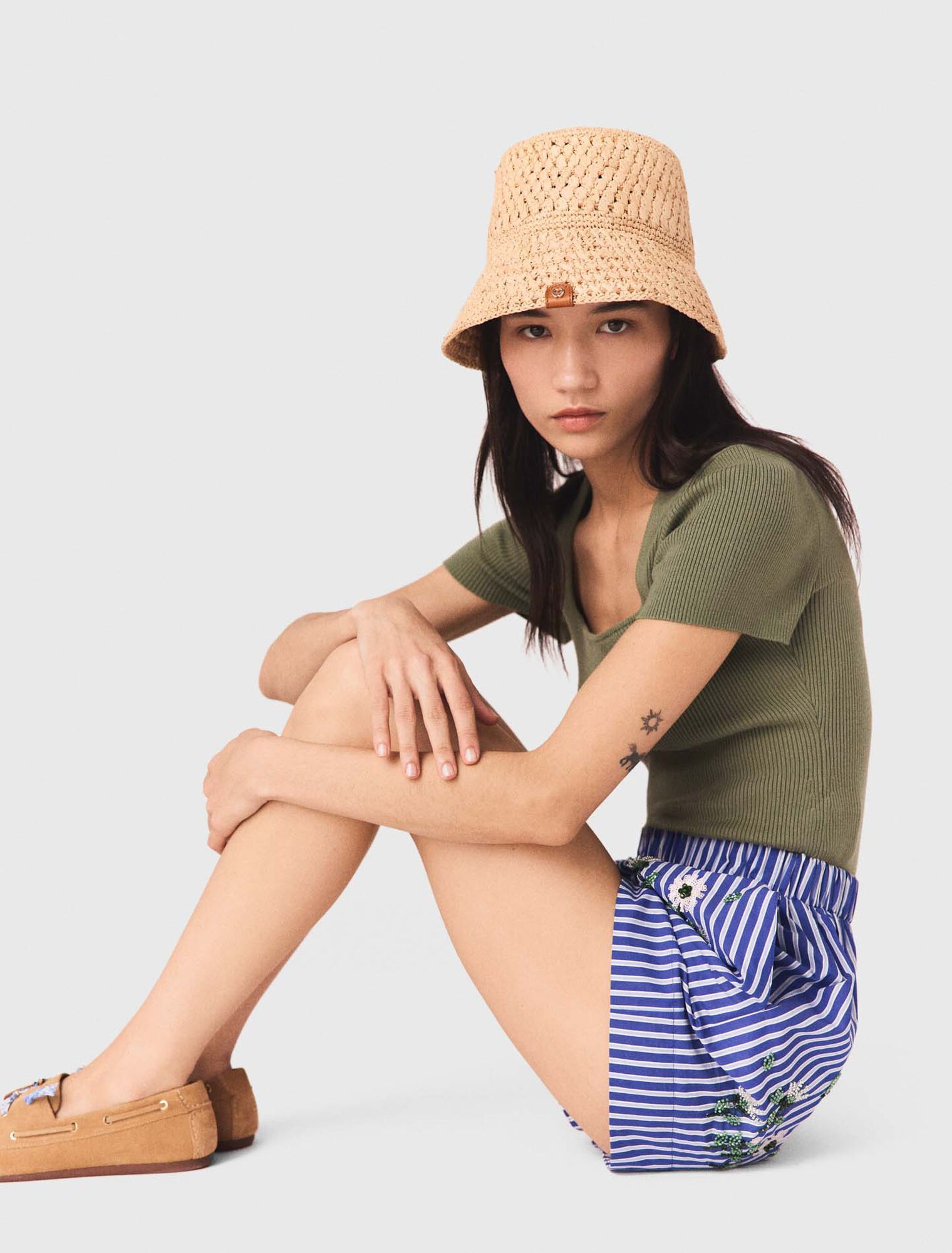 Maje - Quần short cotton kẻ sọc thêu hoa