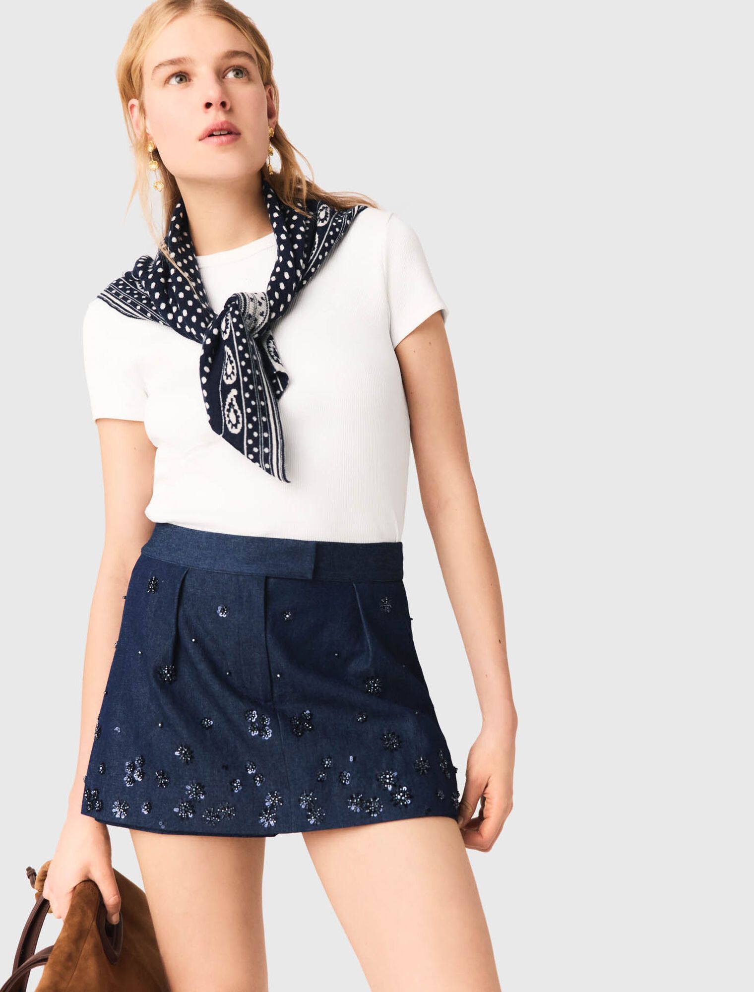 Maje - Quần short denim nhiều lớp có hoạ tiết thêu