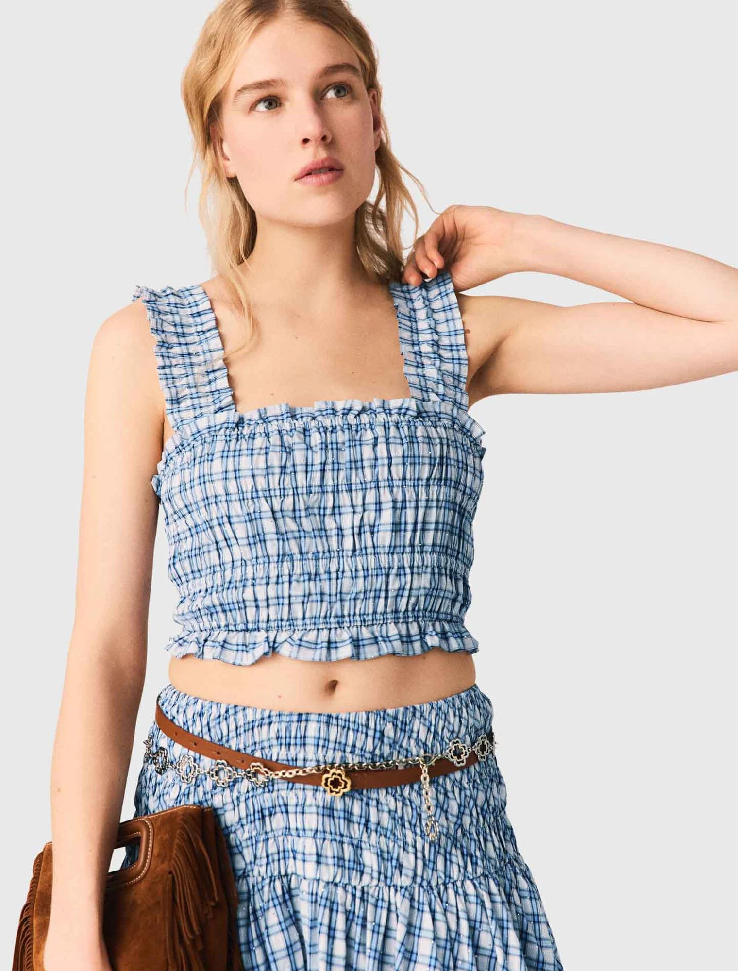 Maje - Áo cotton đính đá xếp ly