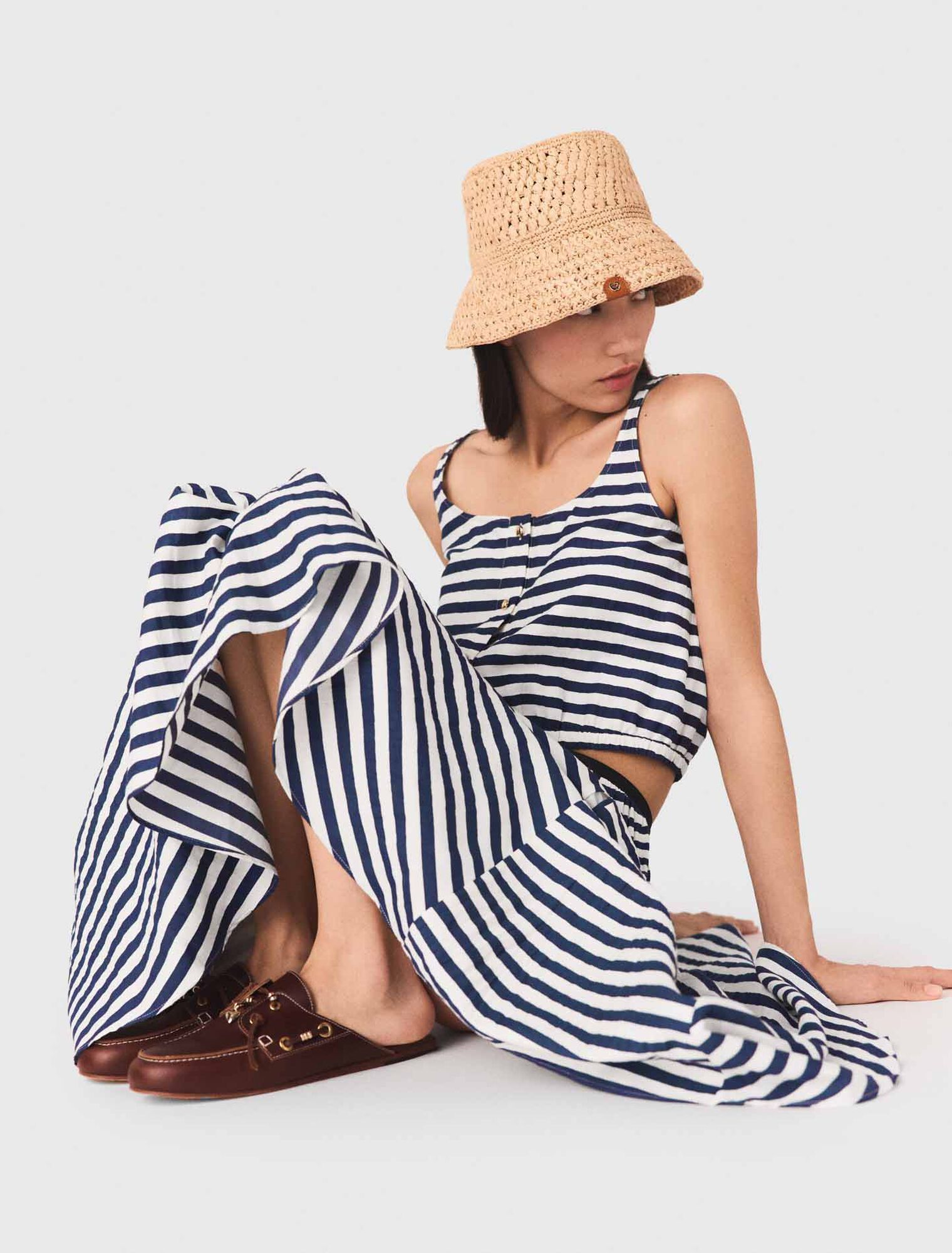 Maje - Áo croptop kẻ sọc Breton phối linen