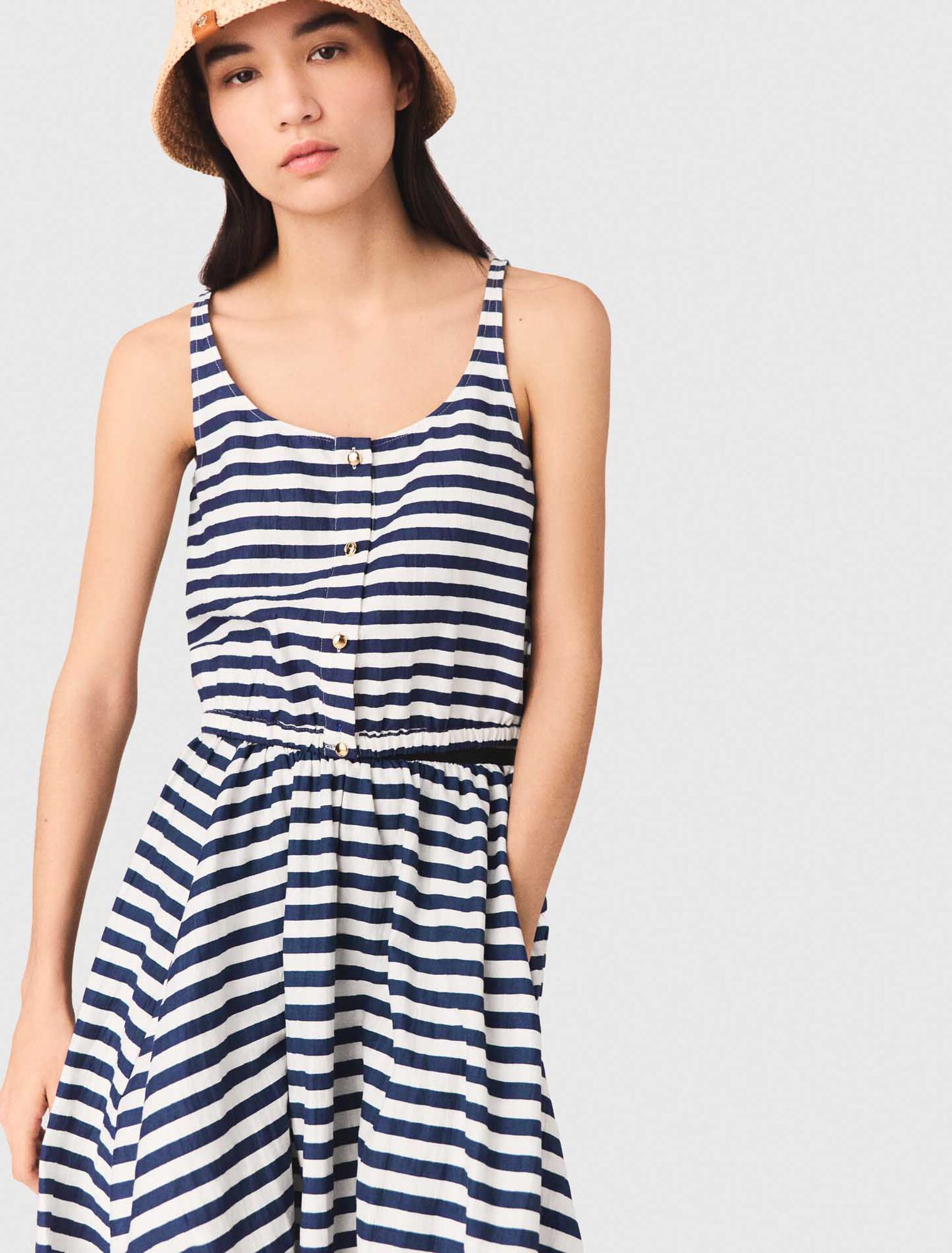 Maje - Áo croptop kẻ sọc Breton phối linen