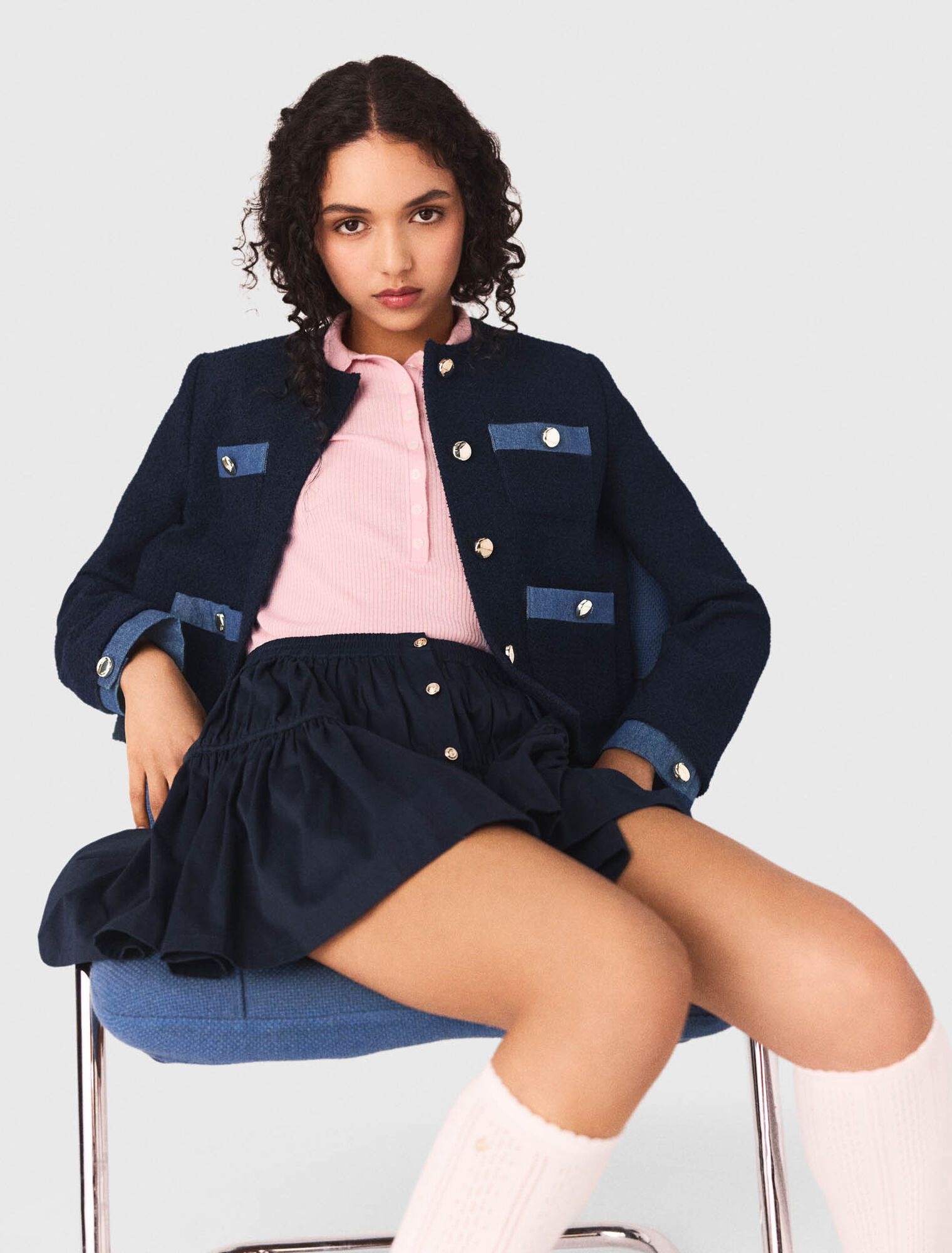 Maje - Áo khoác tweed phối viền denim