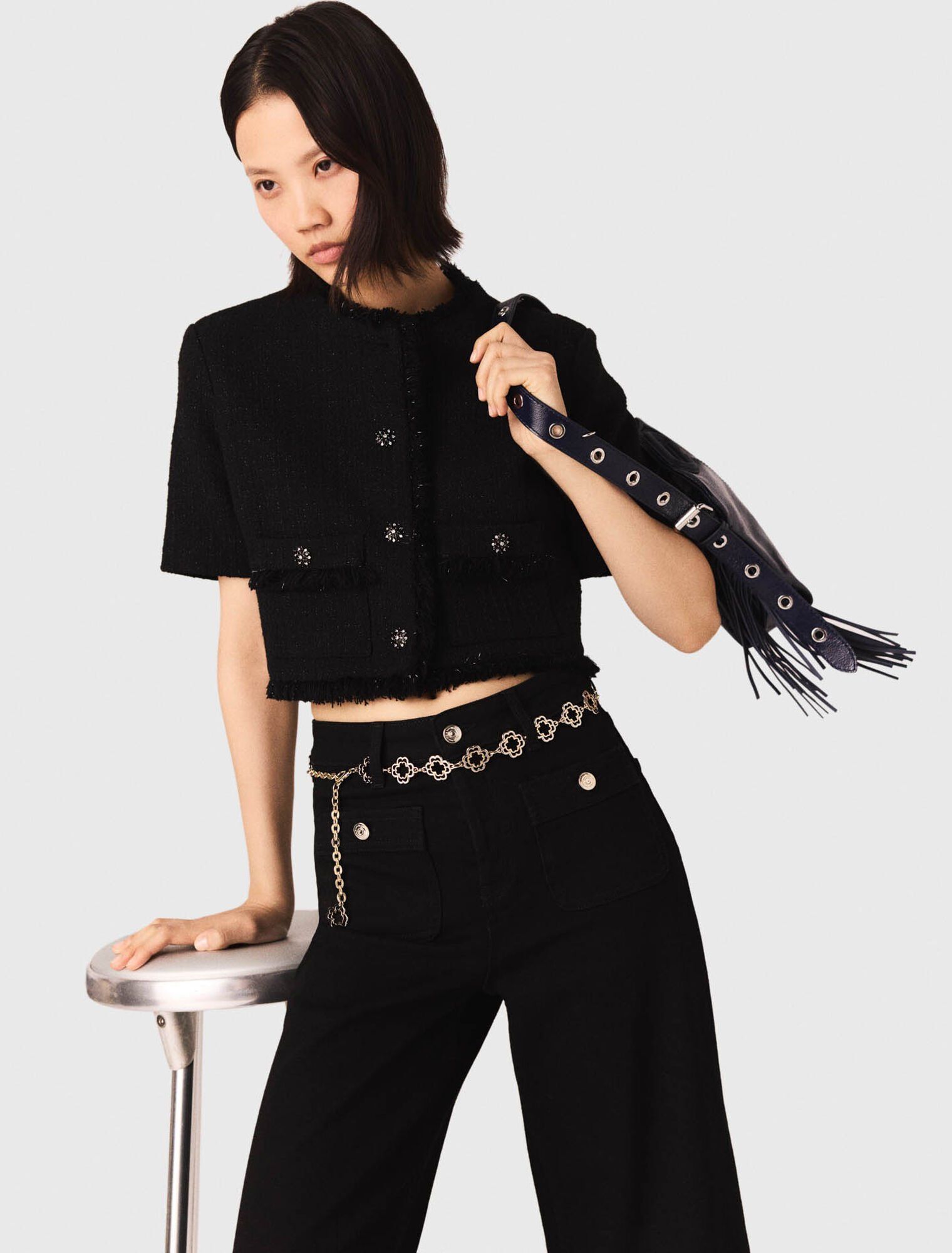 Maje - Áo khoác vải tweed bóng ngắn