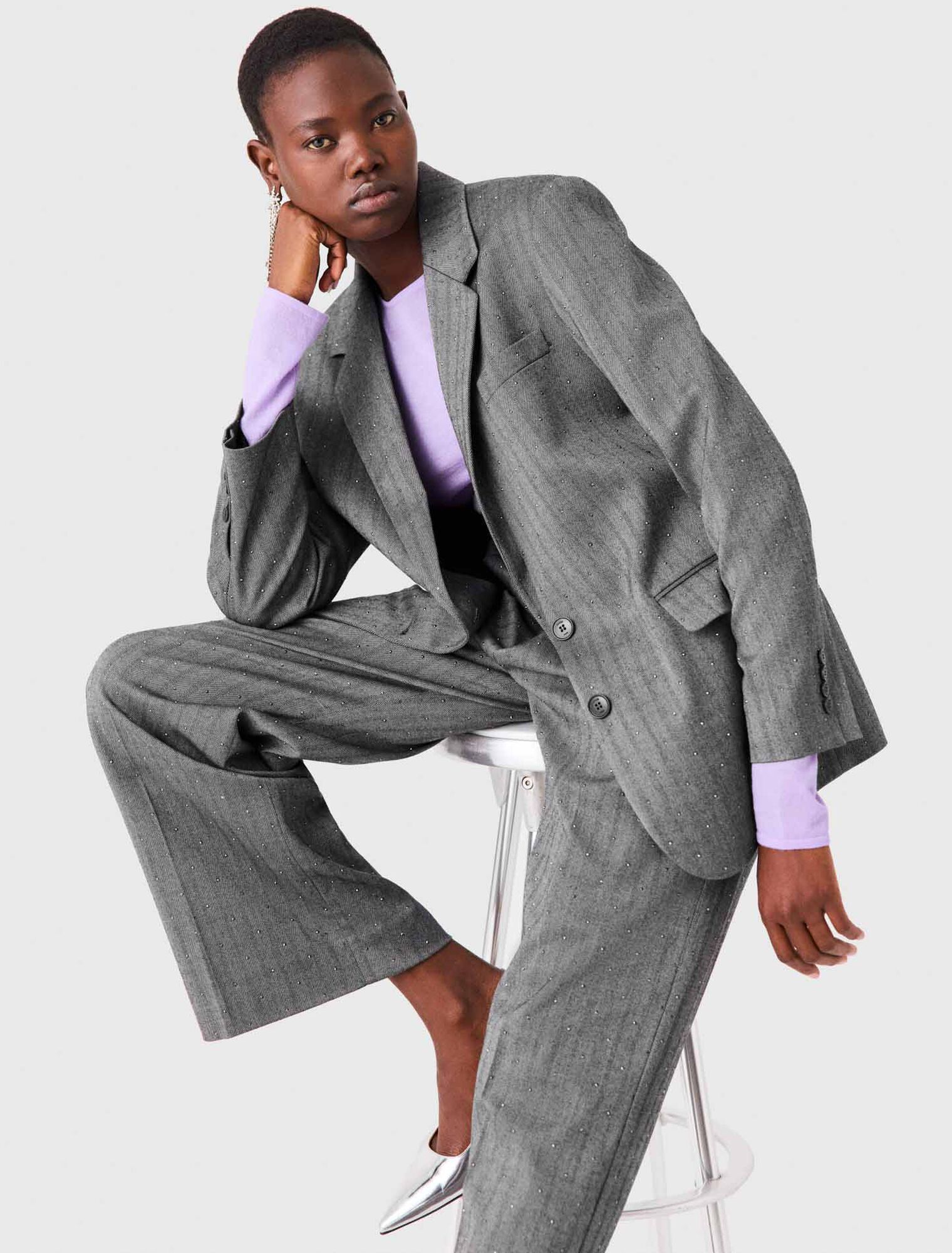 Maje - Áo blazer kẻ đính đá