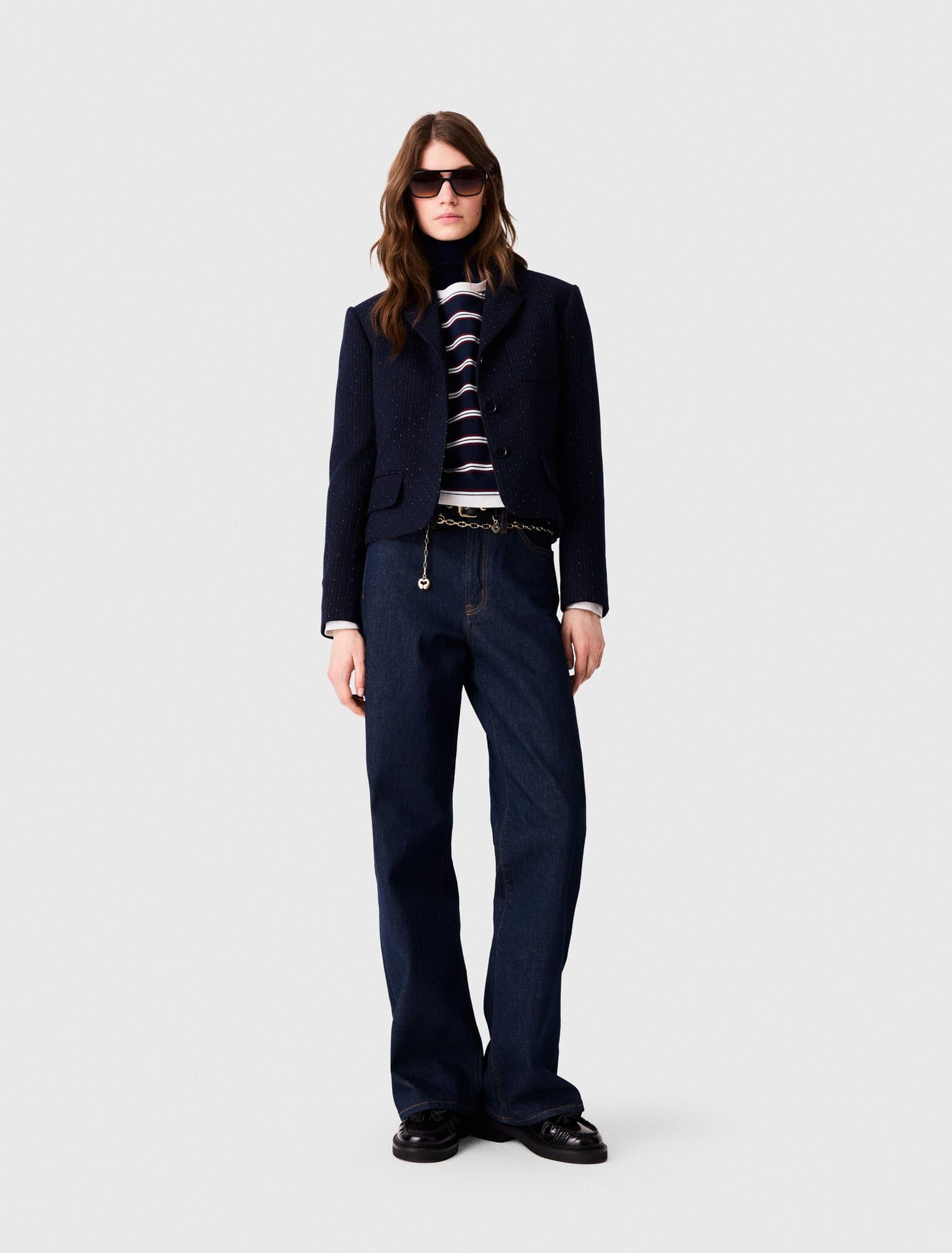 Maje - Áo blazer croptop kẻ Lurex