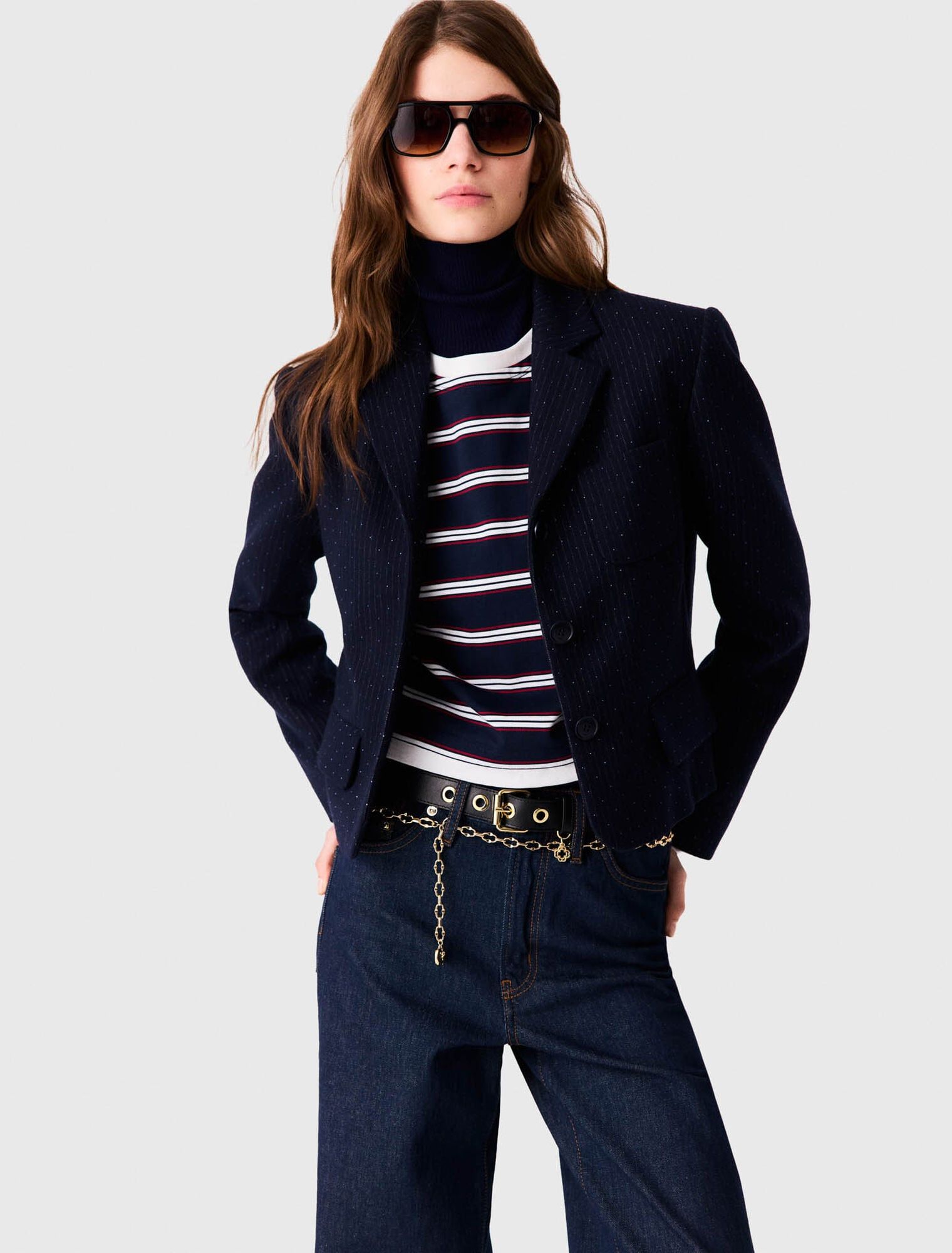 Maje - Áo blazer croptop kẻ Lurex