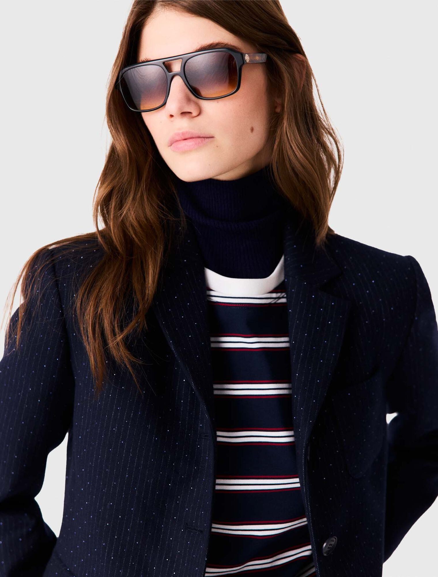 Maje - Áo blazer croptop kẻ Lurex