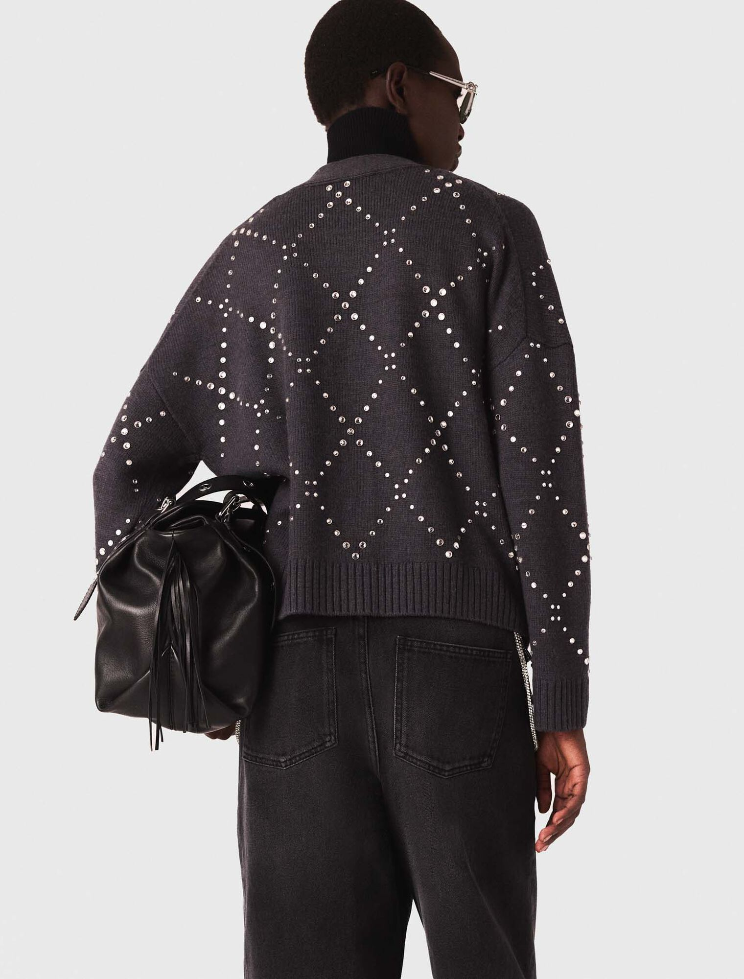Maje - Áo cardigan kẻ đính đá