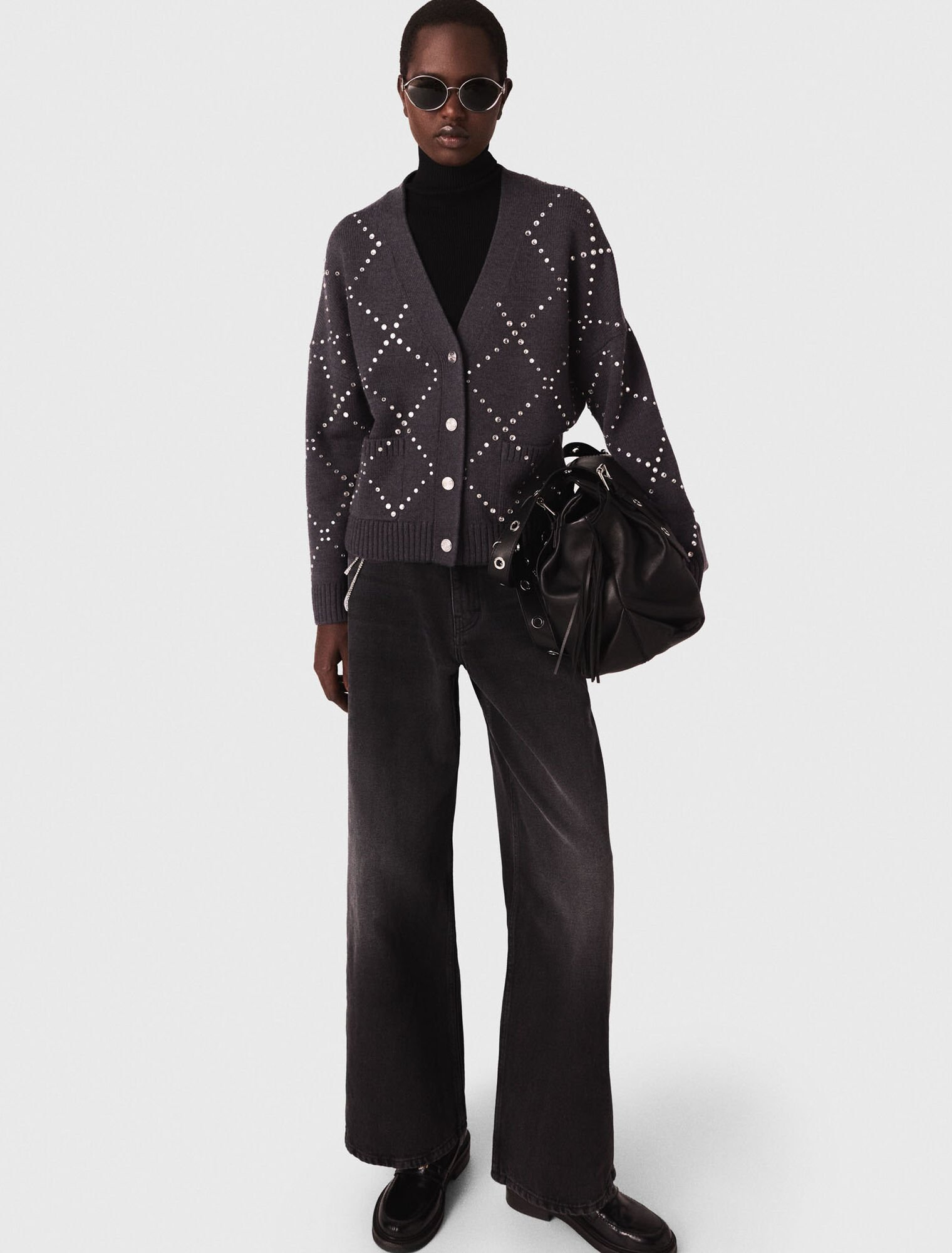 Maje - Áo cardigan kẻ đính đá