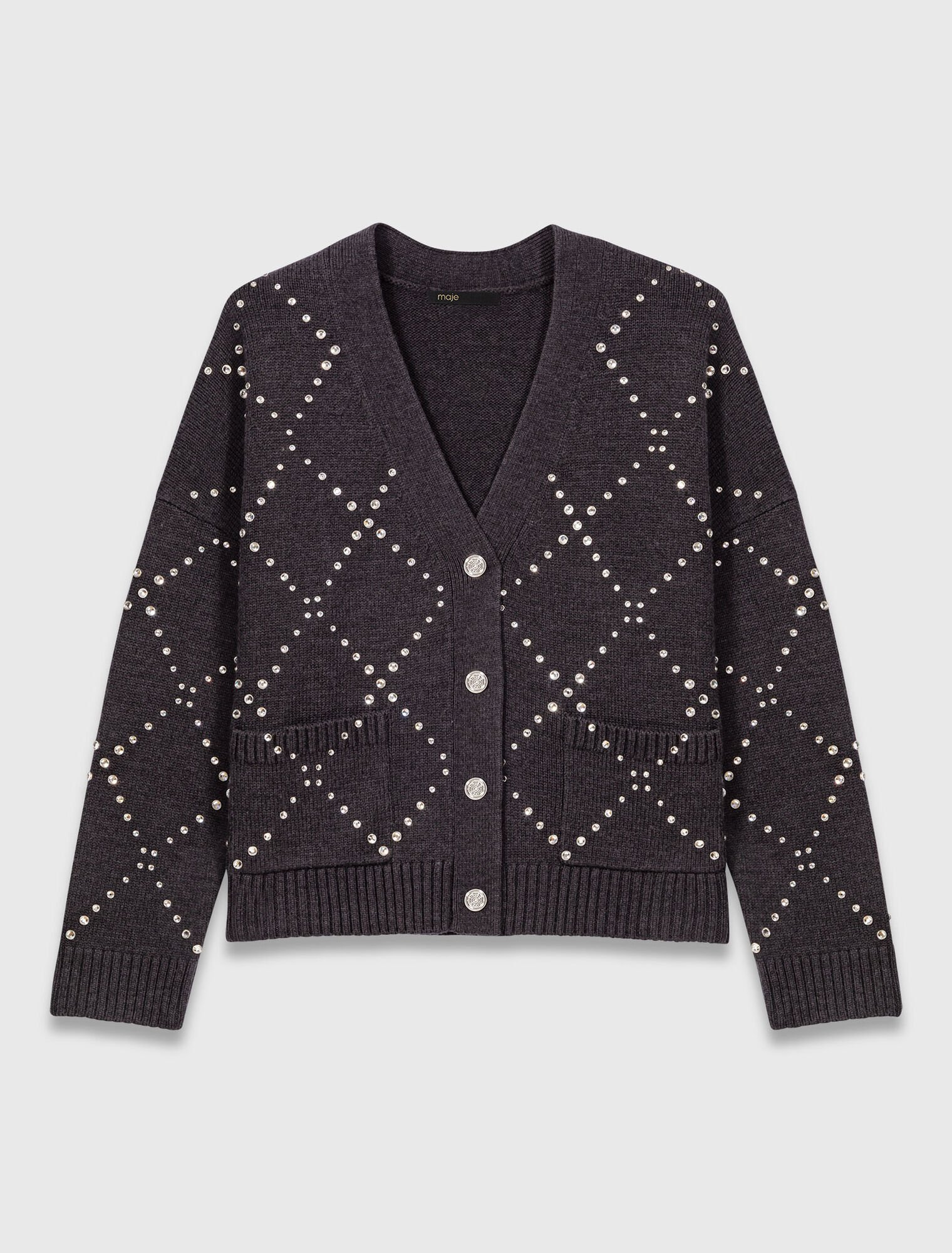 Maje - Áo cardigan kẻ đính đá