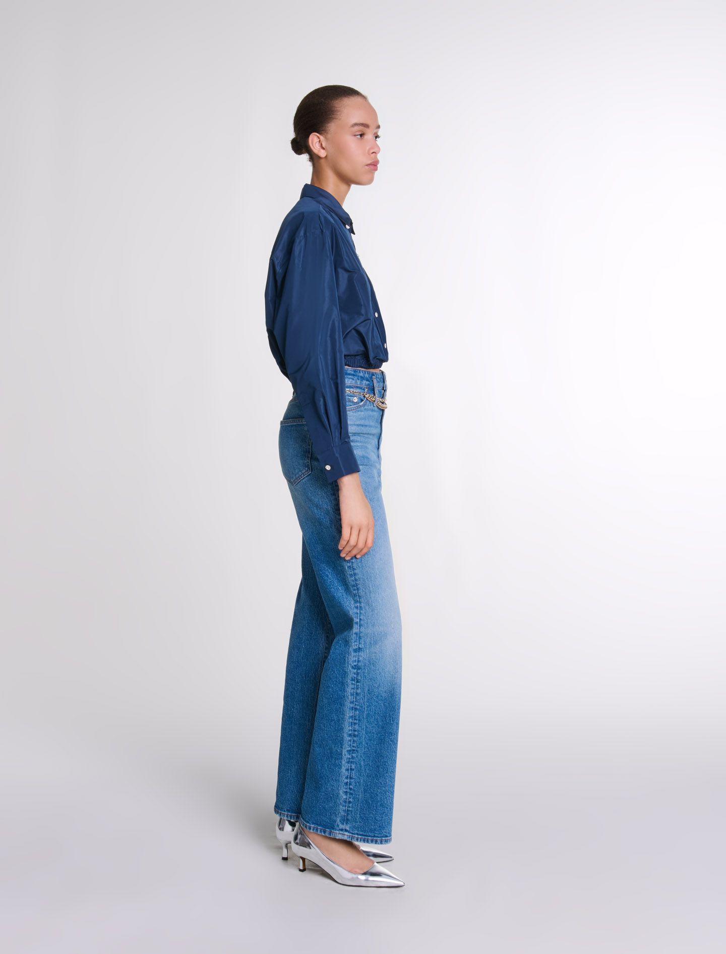 Maje - Áo sơ mi satin dáng crop chun eo