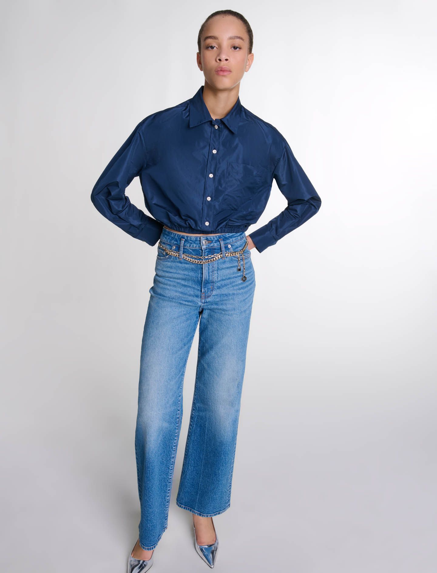Maje - Áo sơ mi satin dáng crop chun eo