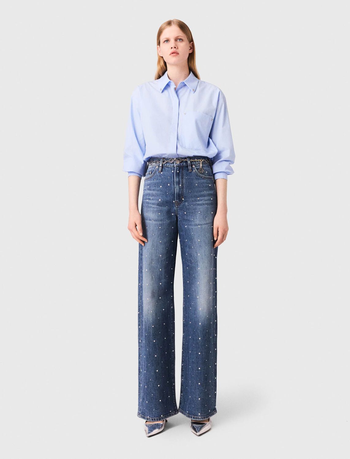 Maje - Quần jeans ống rộng đinh tán