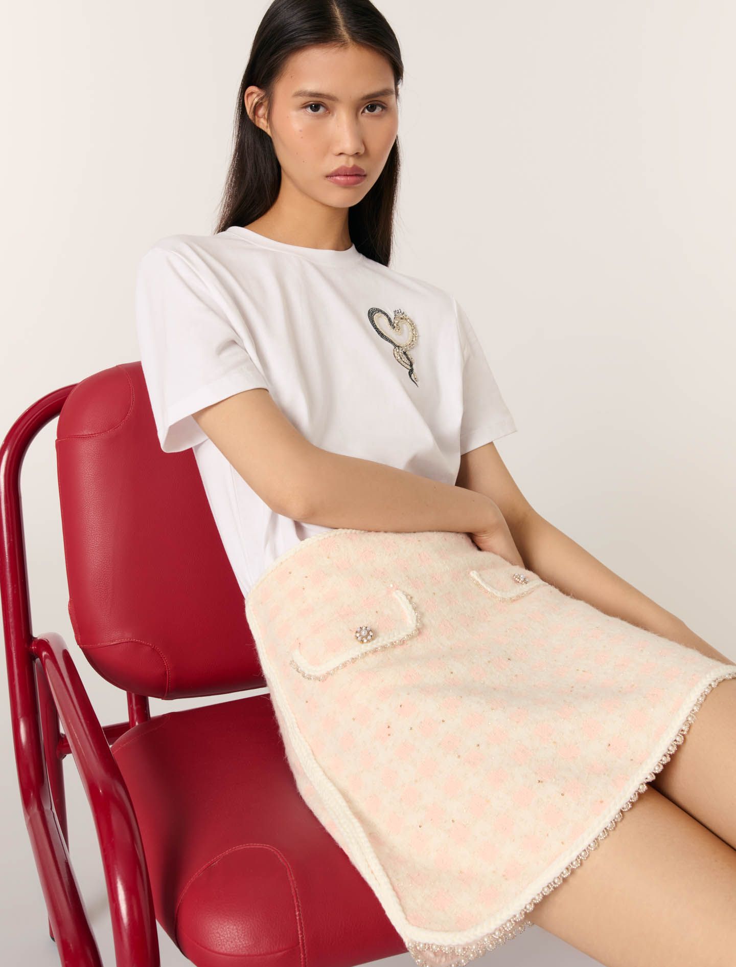 Maje - Chân váy dệt kim phối viền ngọc hiệu ứng vải tweed