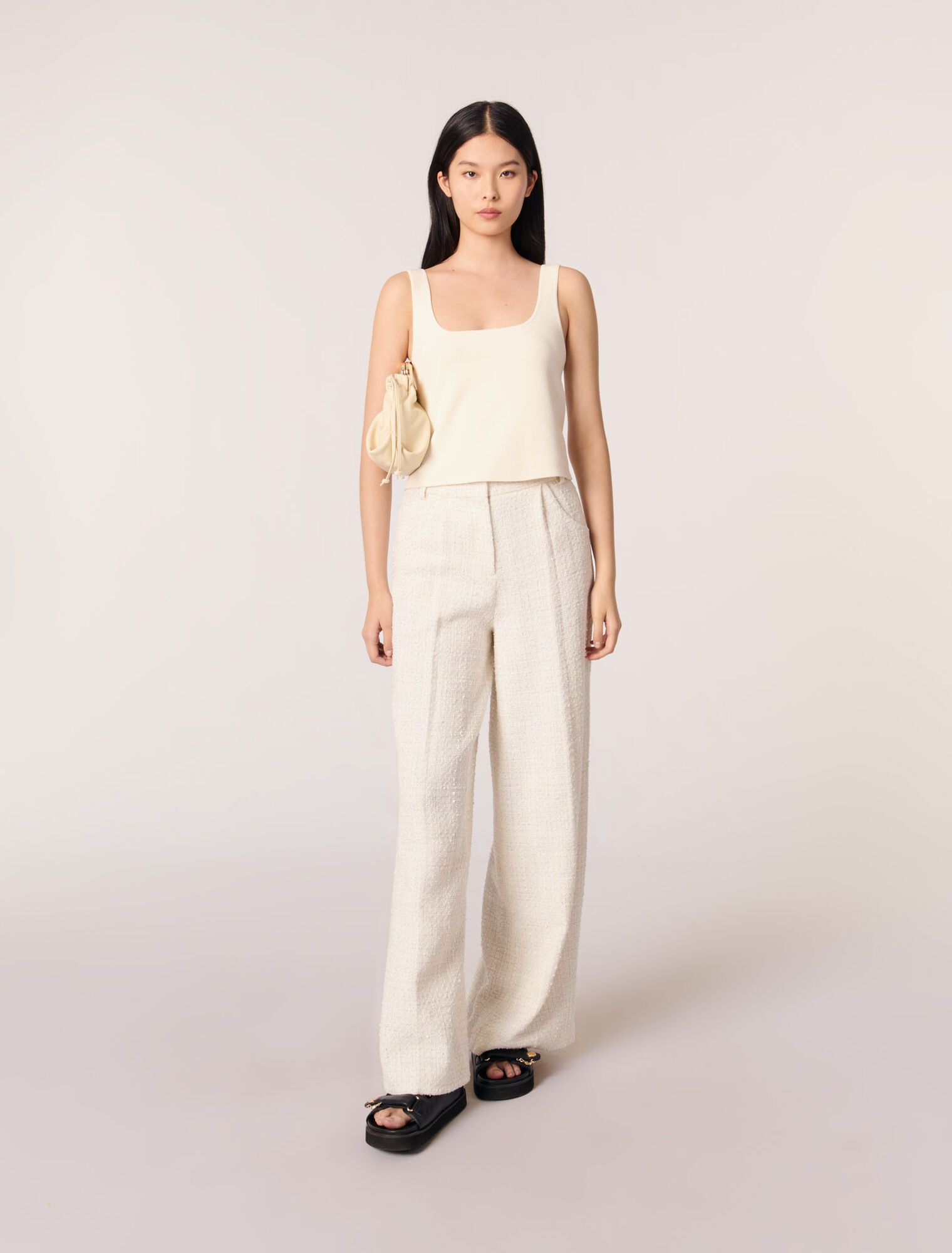 Maje - Quần vải tweed cạp cao ống rộng