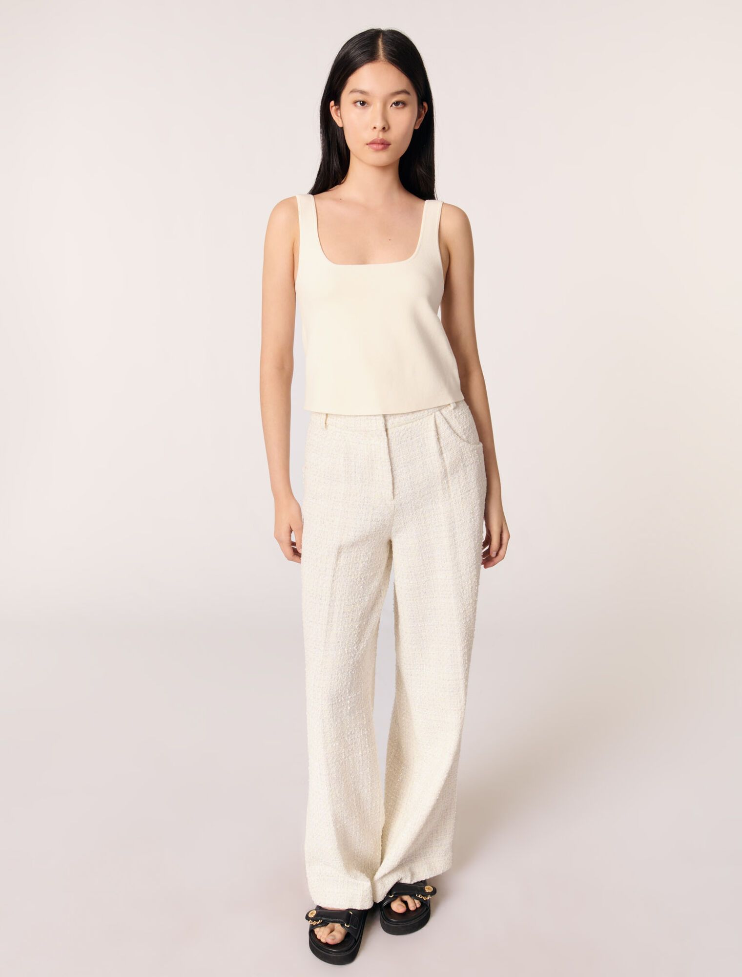 Maje - Quần vải tweed cạp cao ống rộng