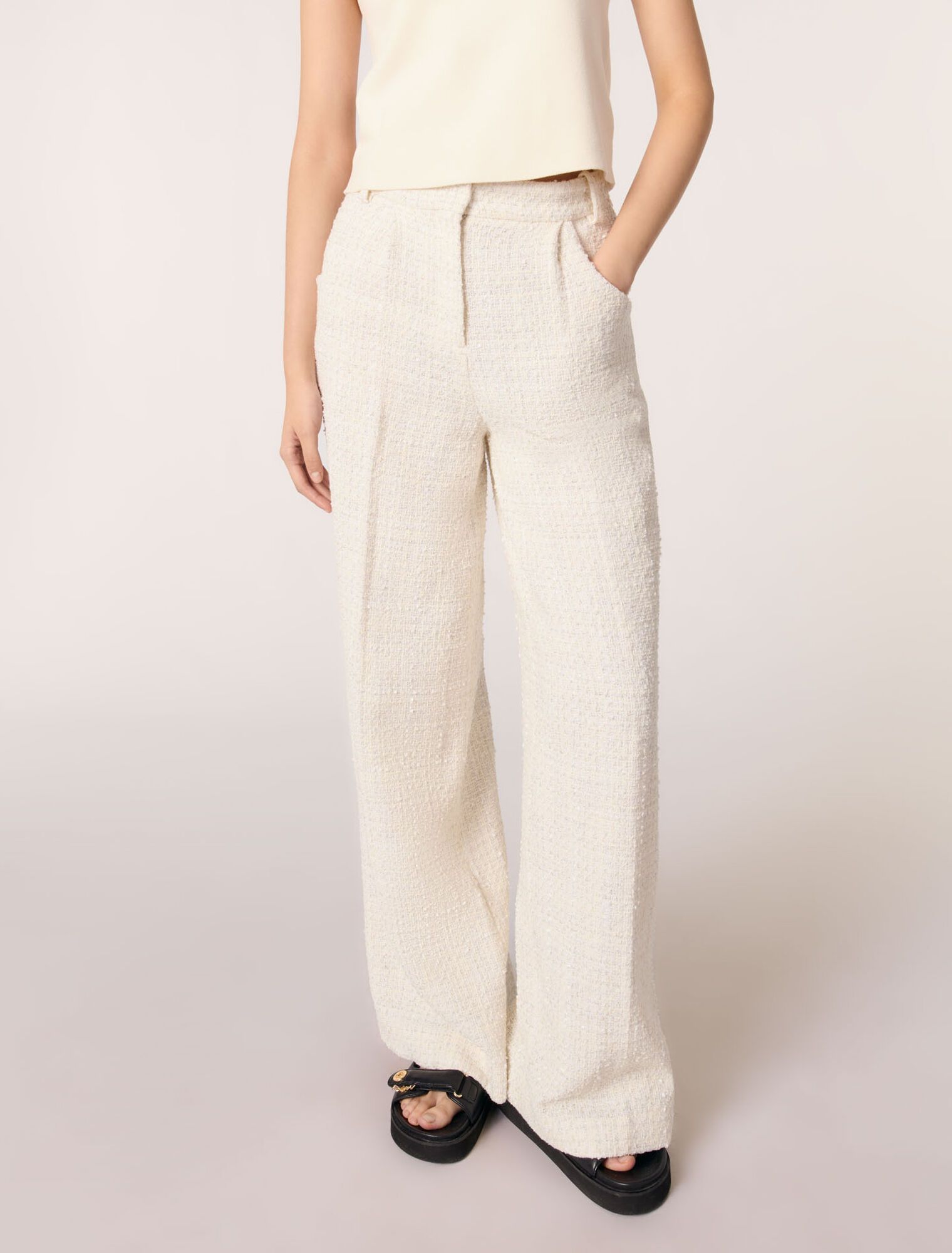 Maje - Quần vải tweed cạp cao ống rộng