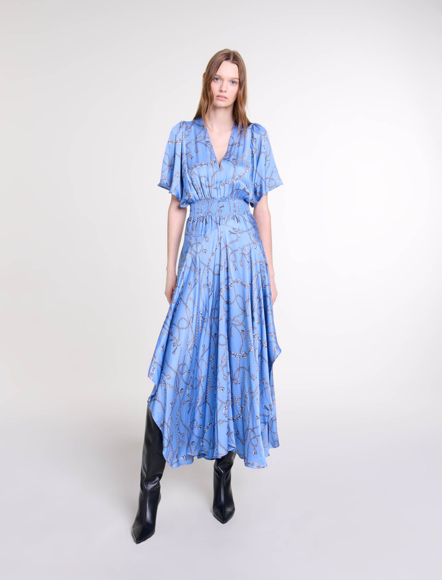 Maje - Đầm dài cổ chữ V họa tiết dây xich
