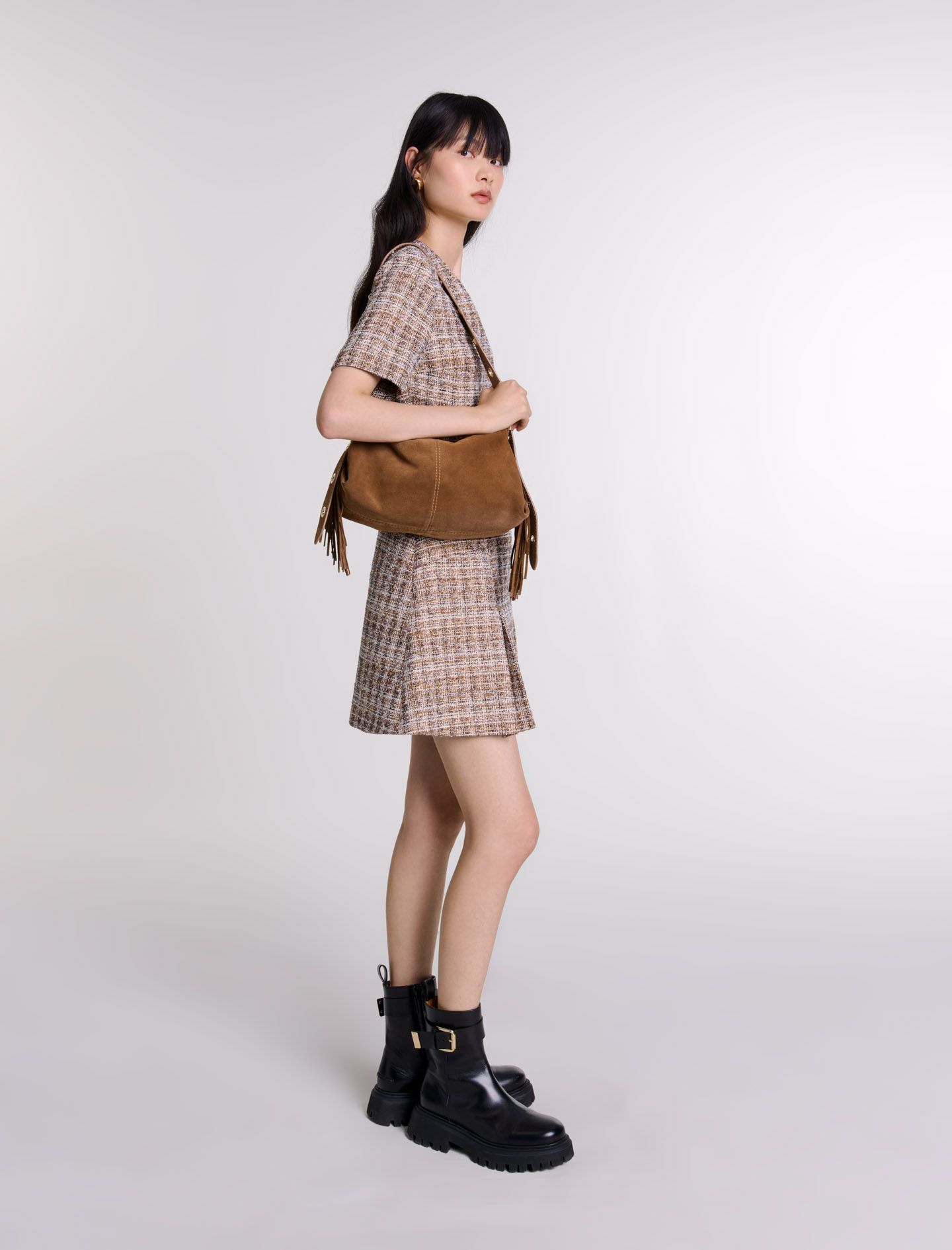 Maje - Đầm ngắn tweed kẻ cổ V