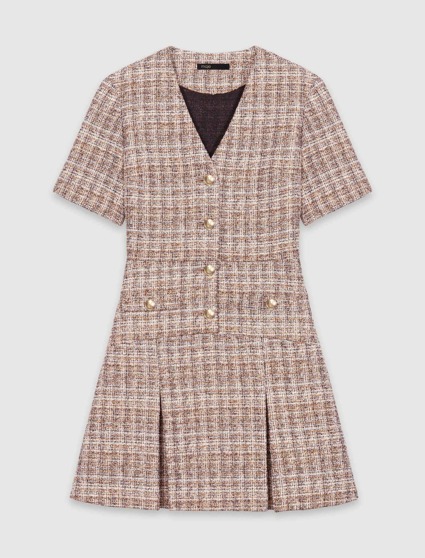 Maje - Đầm ngắn tweed kẻ cổ V