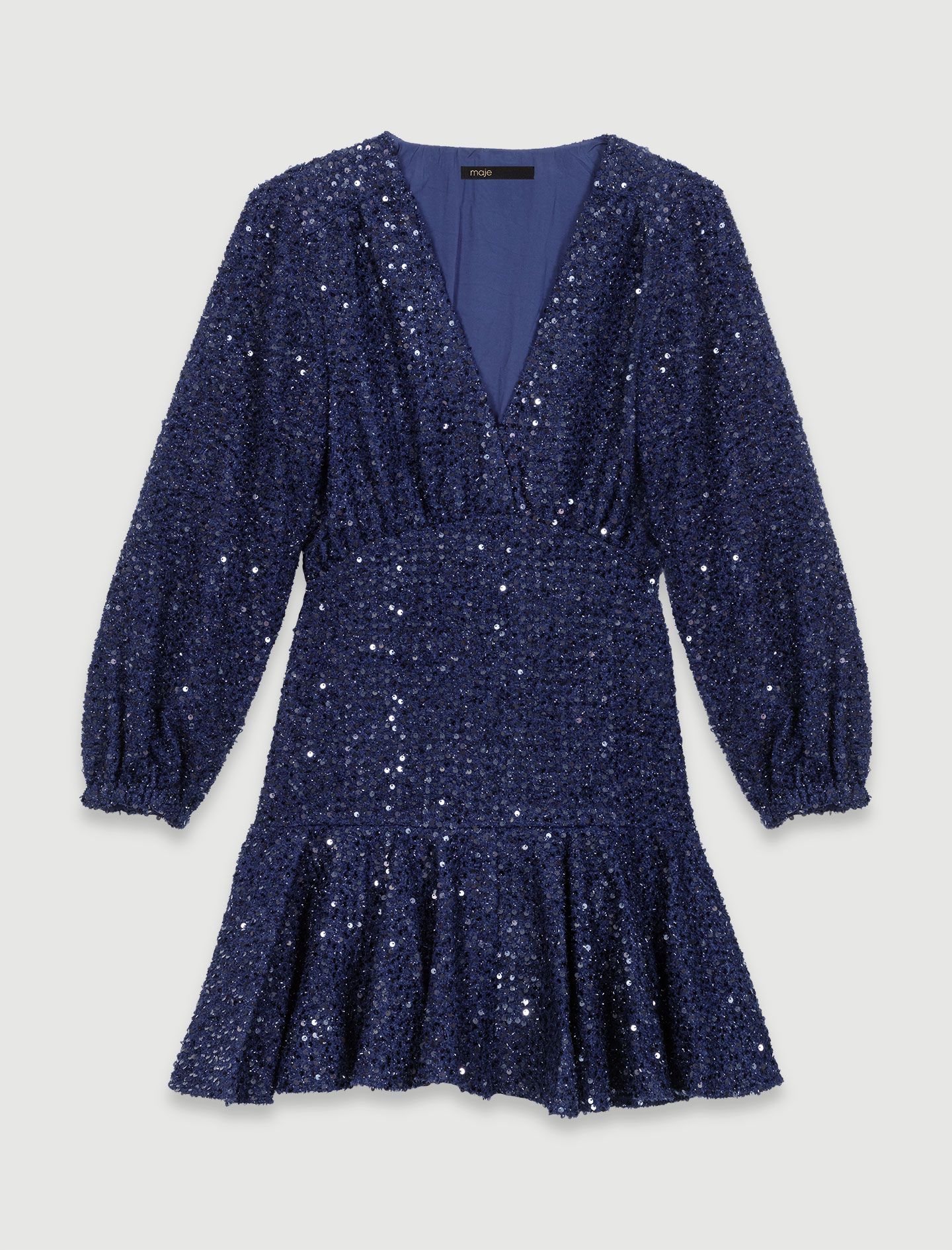 Đầm ngắn sequin viền gấu xếp bèo