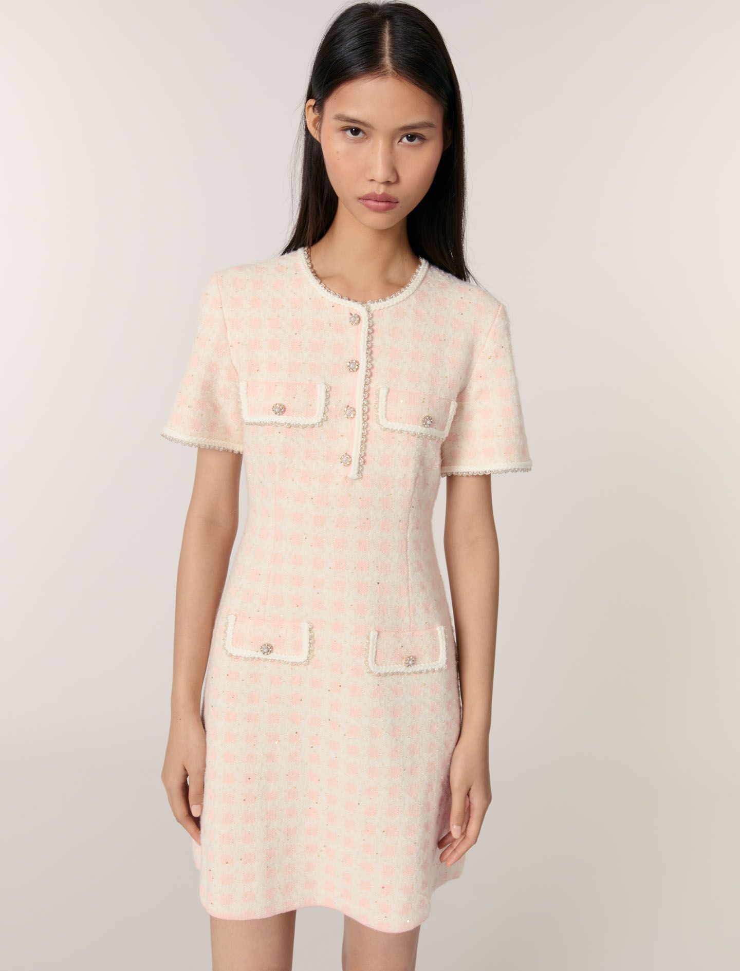 Maje - Đầm ngắn dệt kim hiệu ứng vải tweed