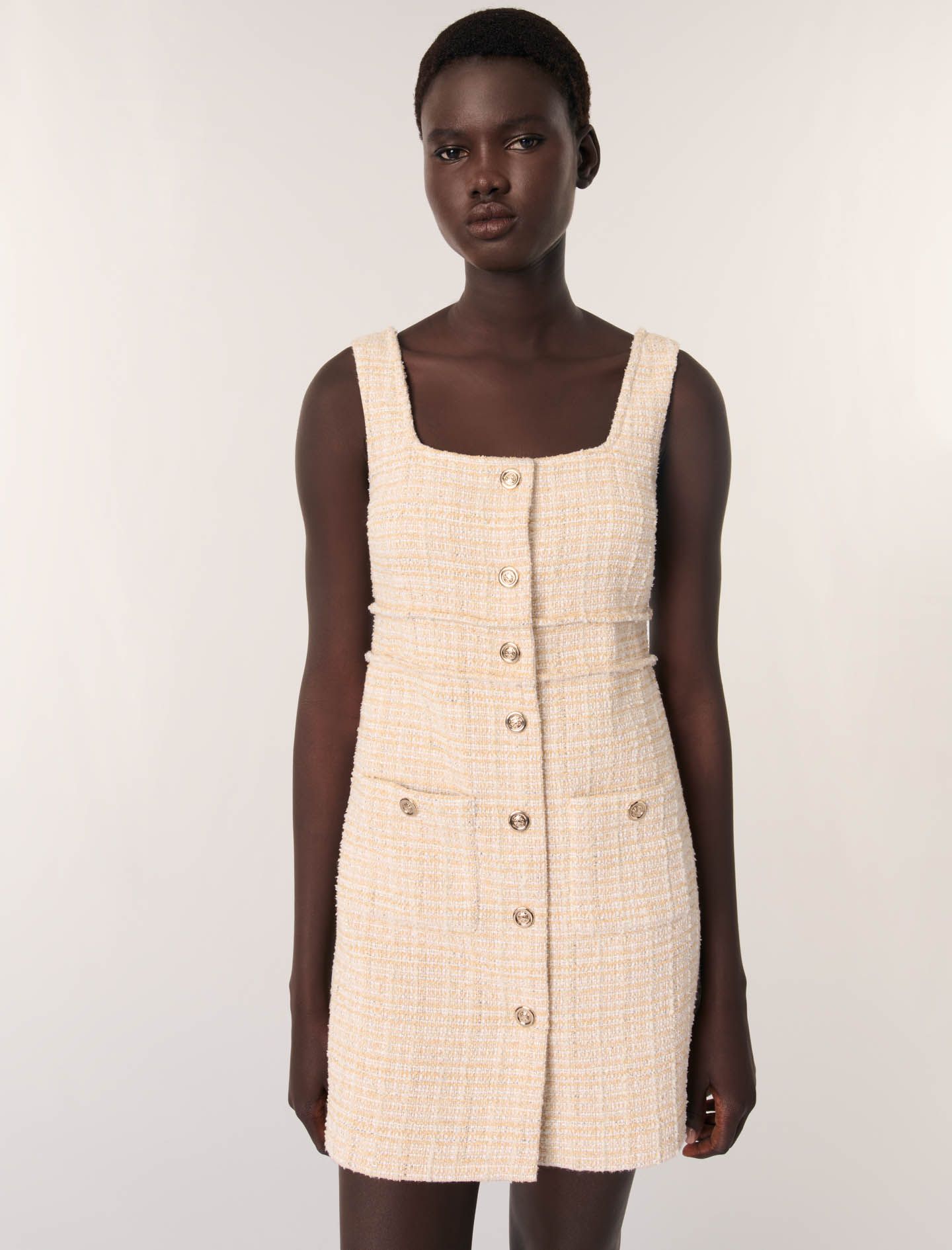 Maje - Đầm ngắn hai dây tweed cổ vuông