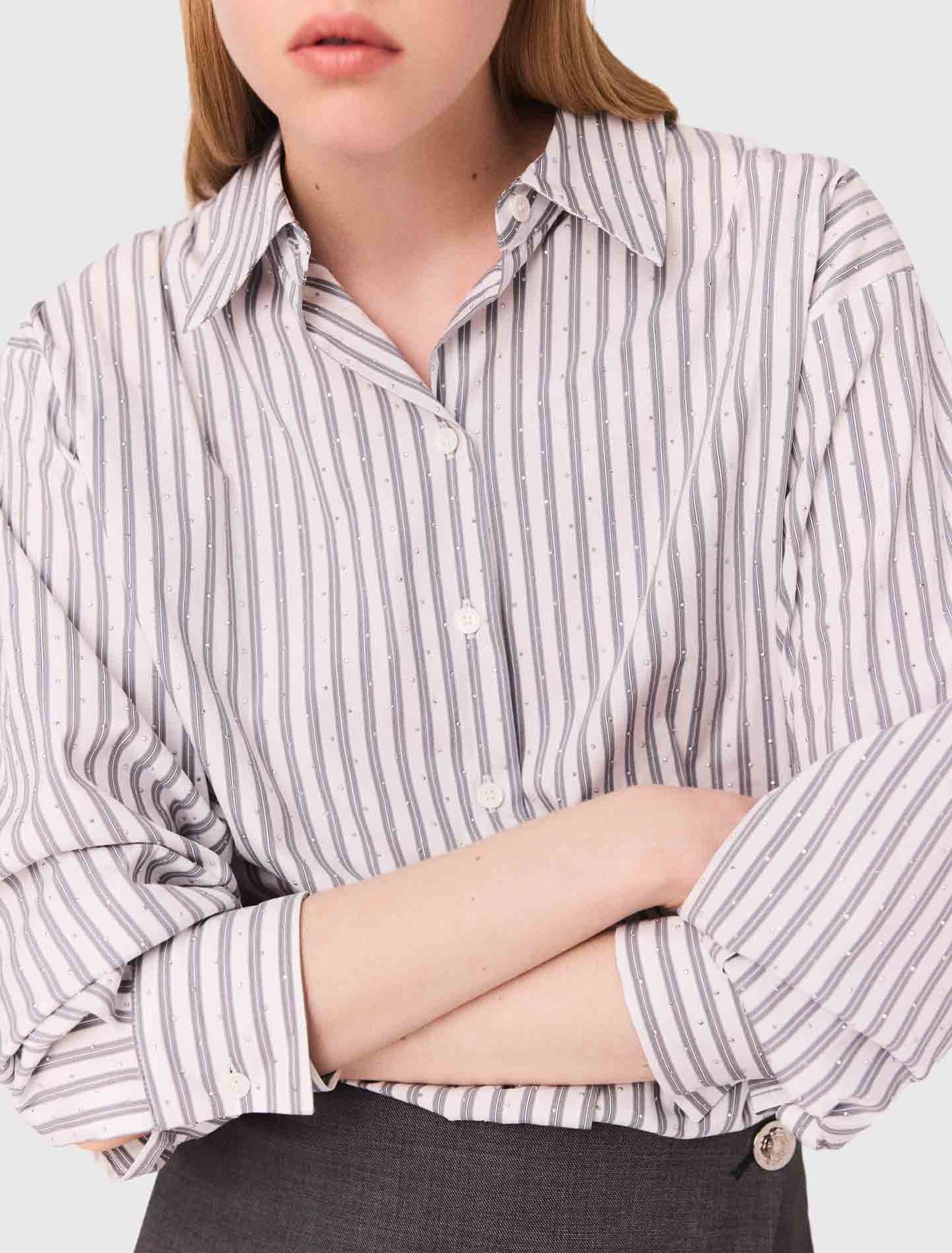 Maje - Đầm ngắn sơ mi kẻ đính đá phối chân váy