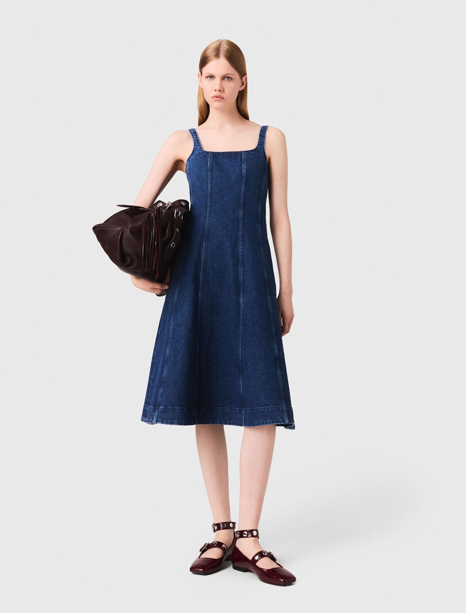 Maje - Đầm dài denim xòe hai dây