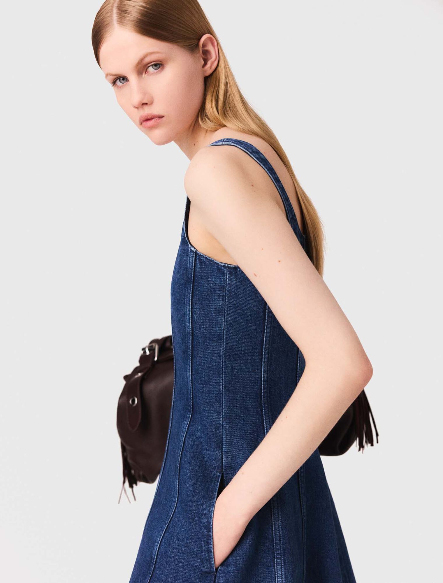 Maje - Đầm dài denim xòe hai dây