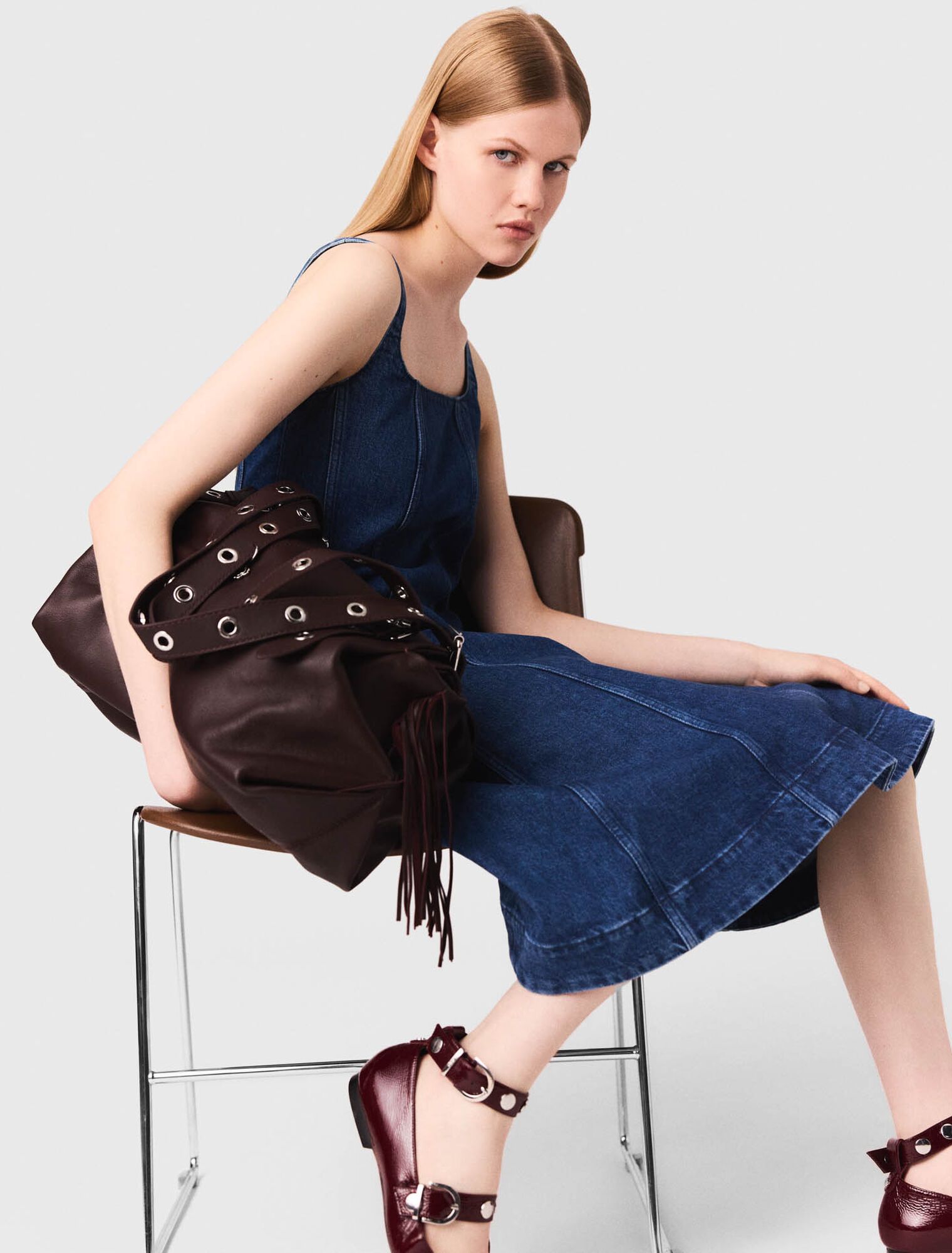 Maje - Đầm dài denim xòe hai dây