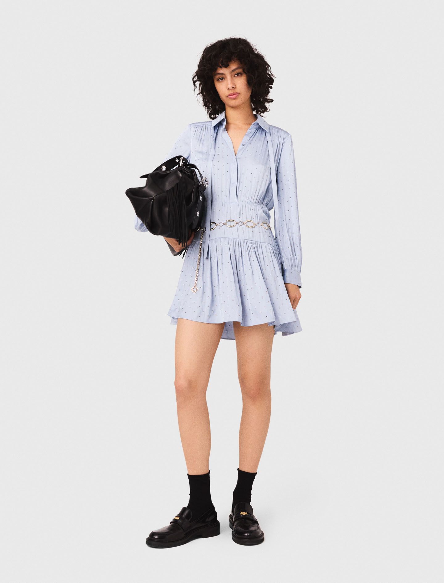 Maje - Đầm ngắn satin xếp nếp đính đá