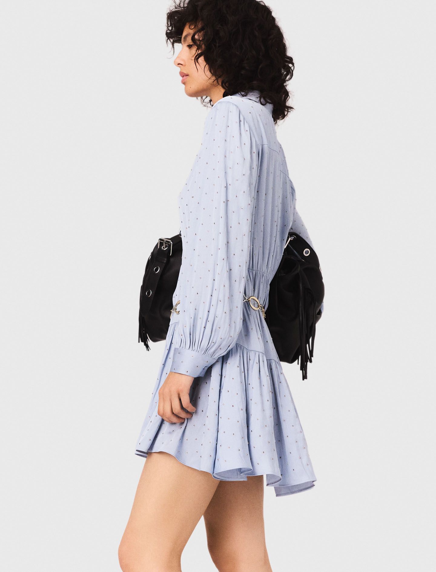 Maje - Đầm ngắn satin xếp nếp đính đá