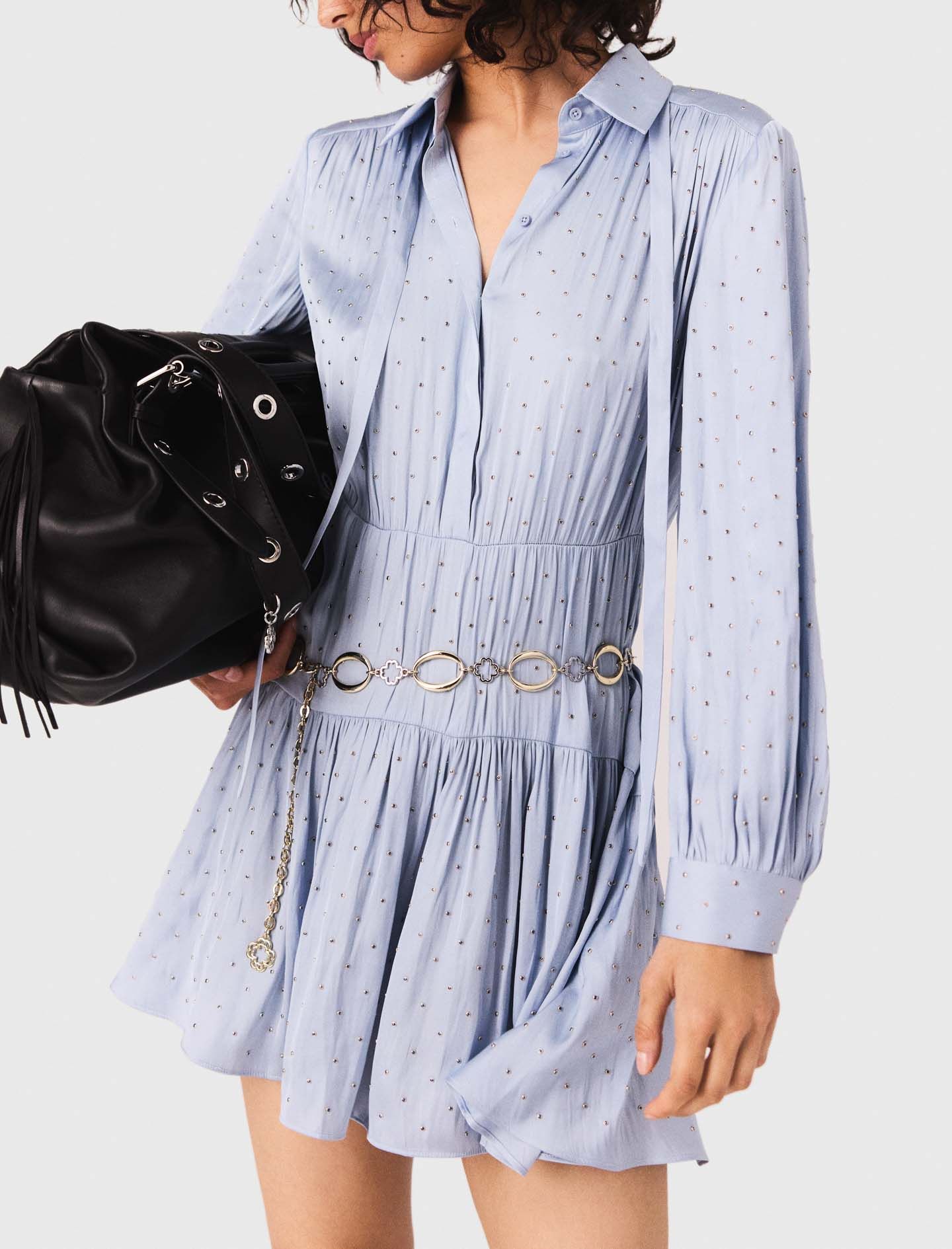 Maje - Đầm ngắn satin xếp nếp đính đá