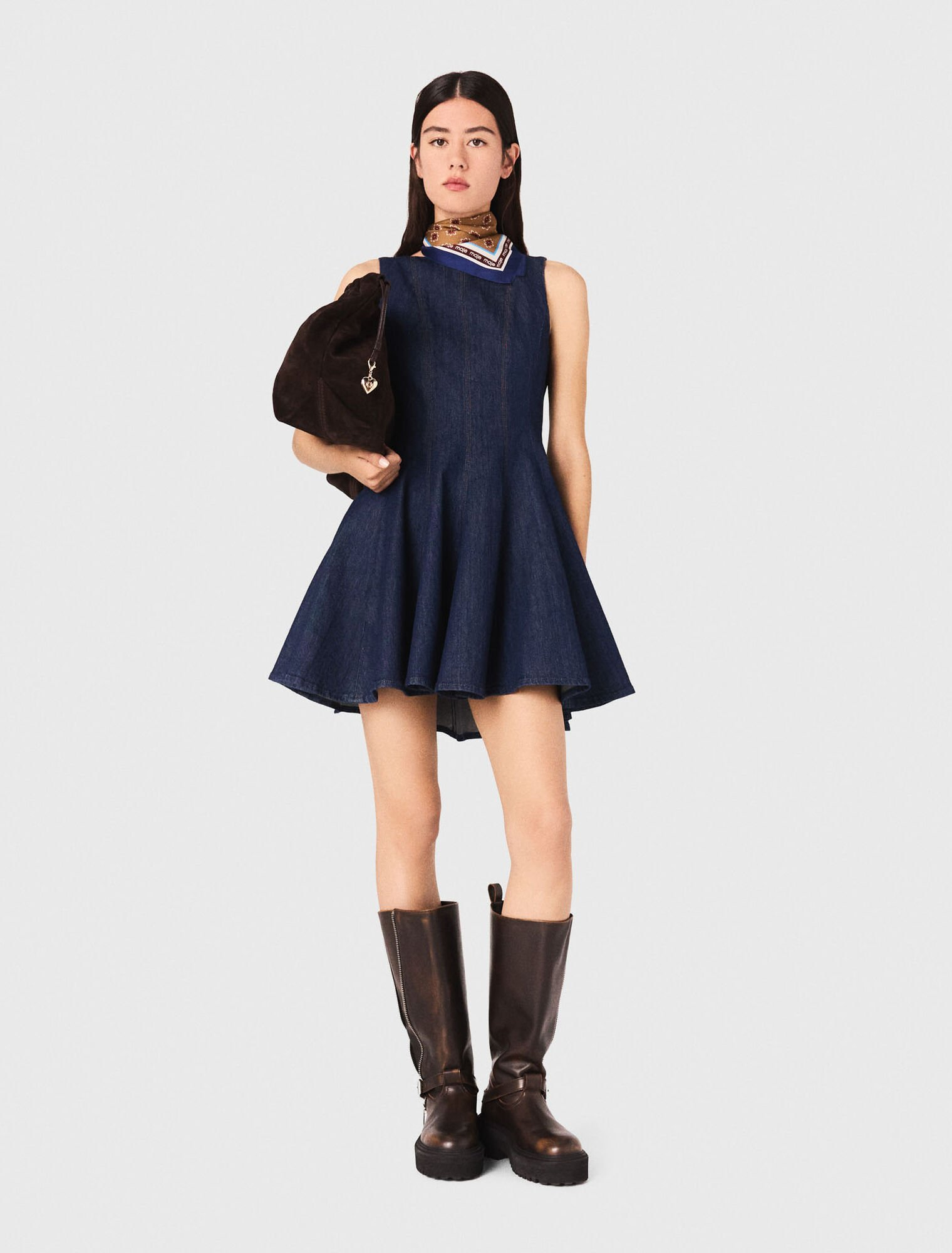 Maje - Đầm denim ngắn bèo nhún