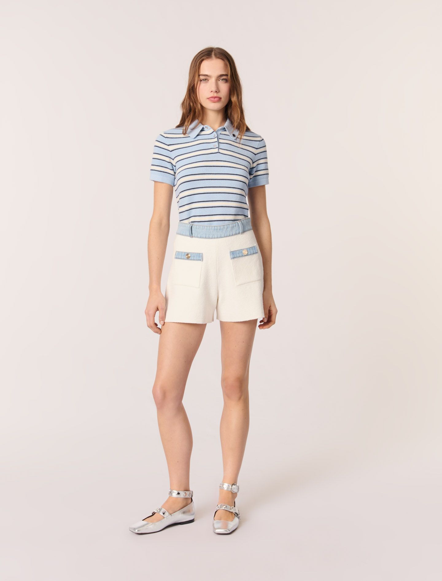 Maje - Quần short dệt kim phối viền denim