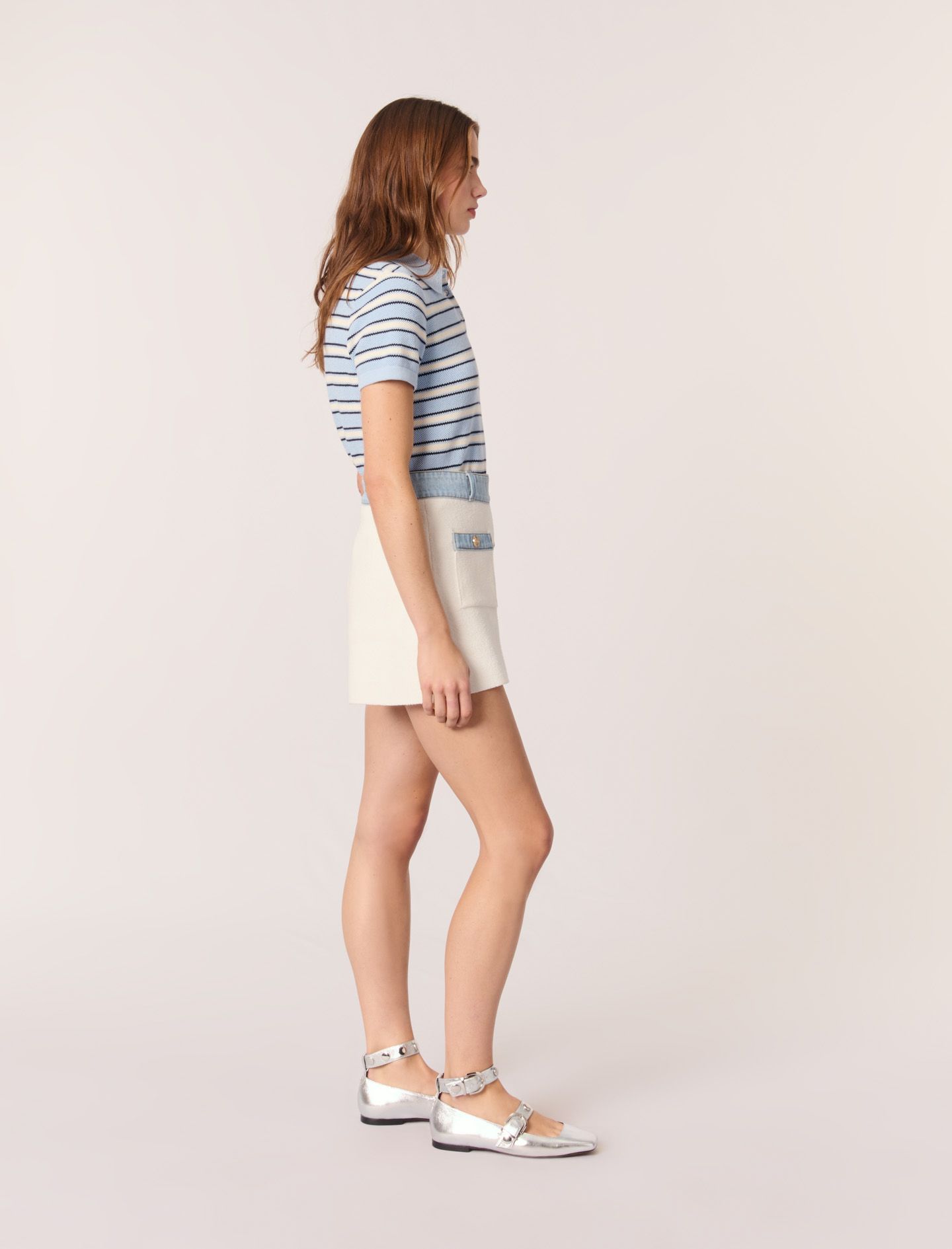 Maje - Quần short dệt kim phối viền denim