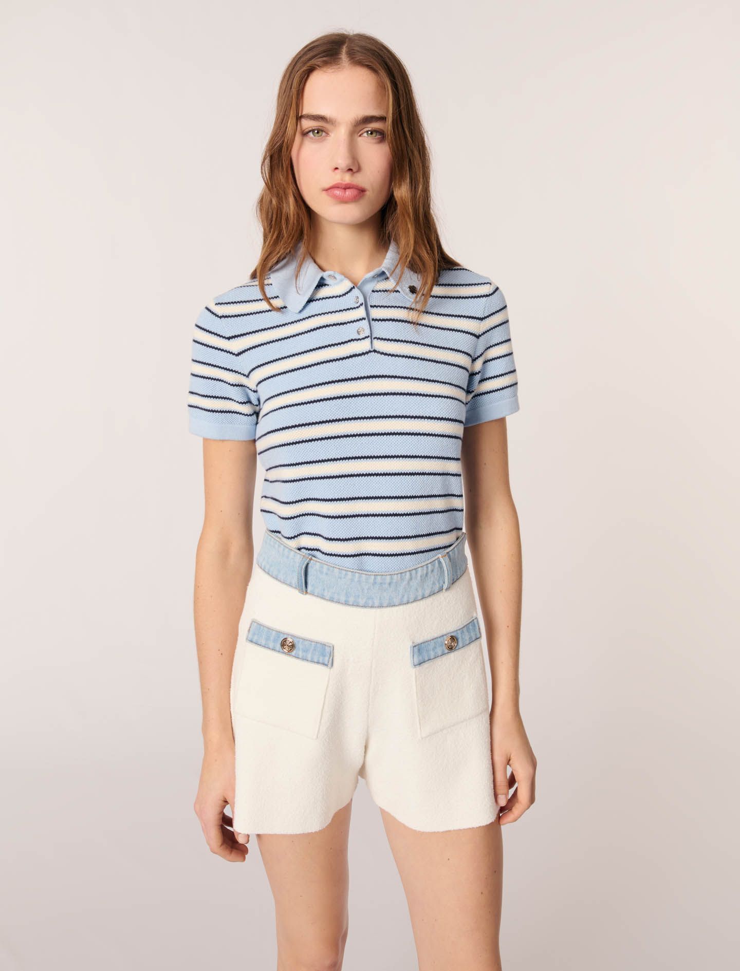 Maje - Quần short dệt kim phối viền denim