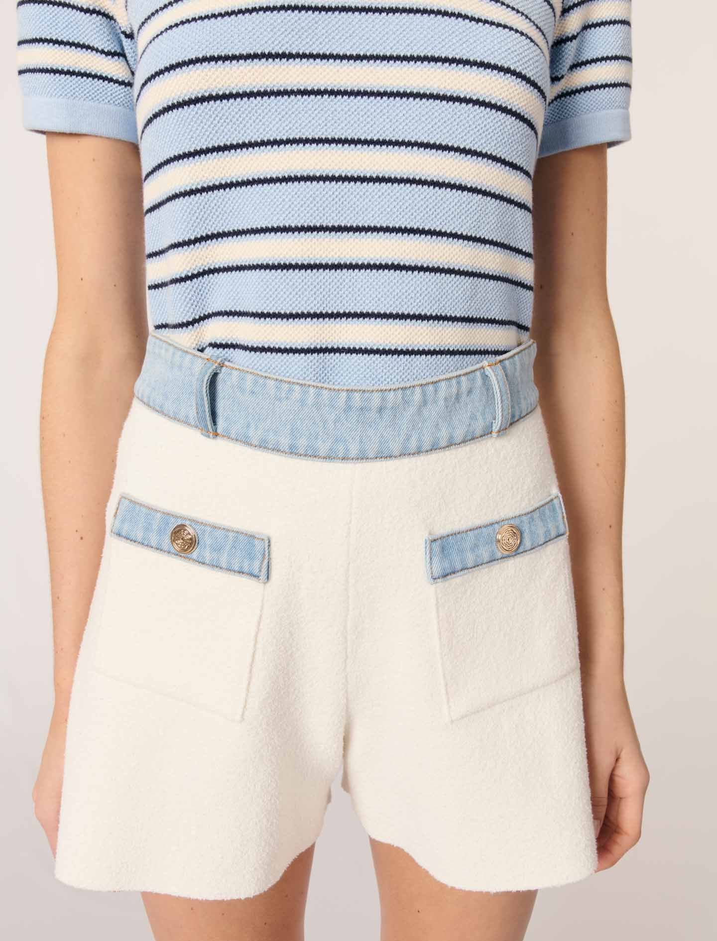 Maje - Quần short dệt kim phối viền denim